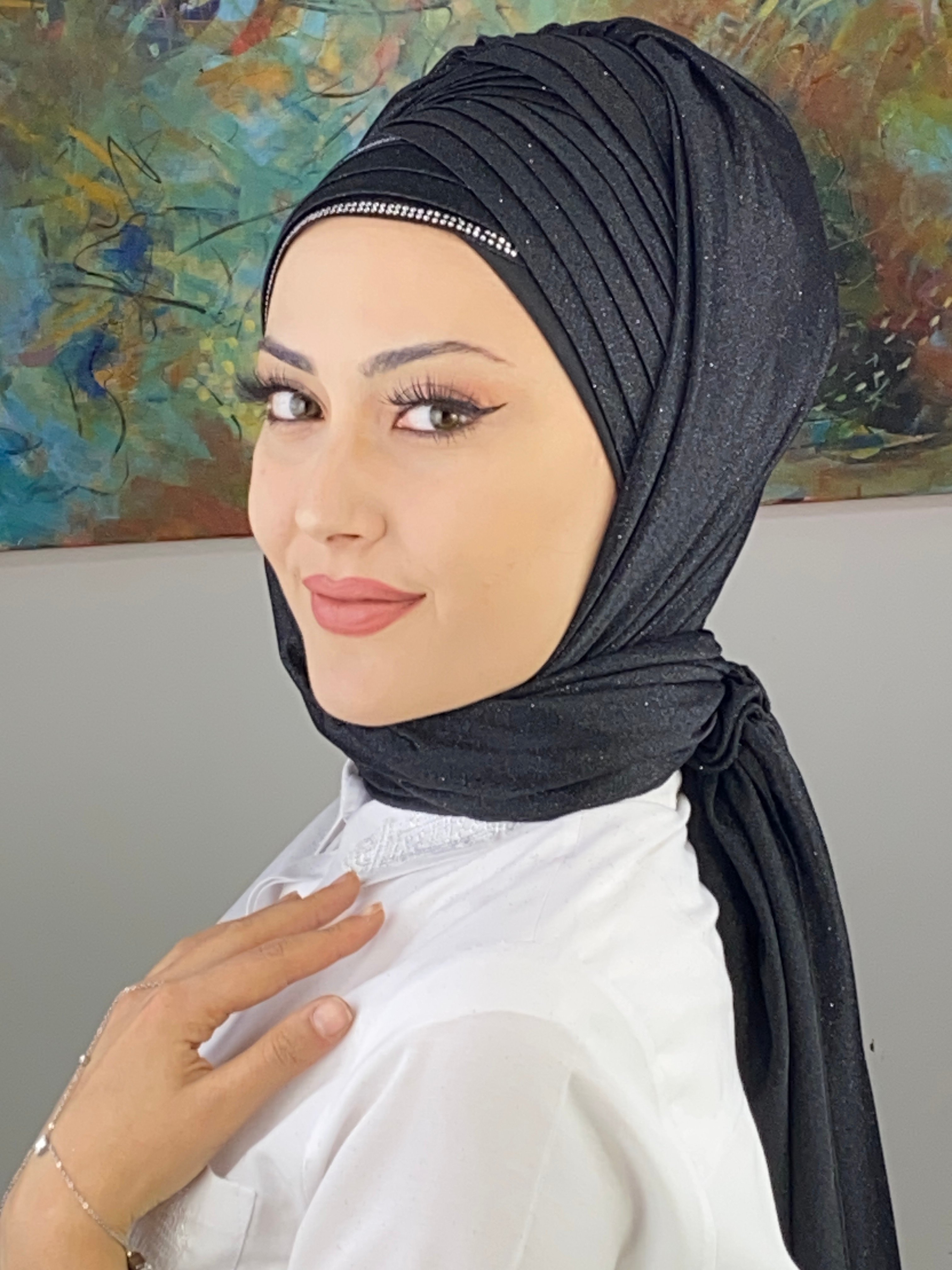 Dilber Model Çok Drapeli Çift Sıra Taşlı Abiye Simli Şal