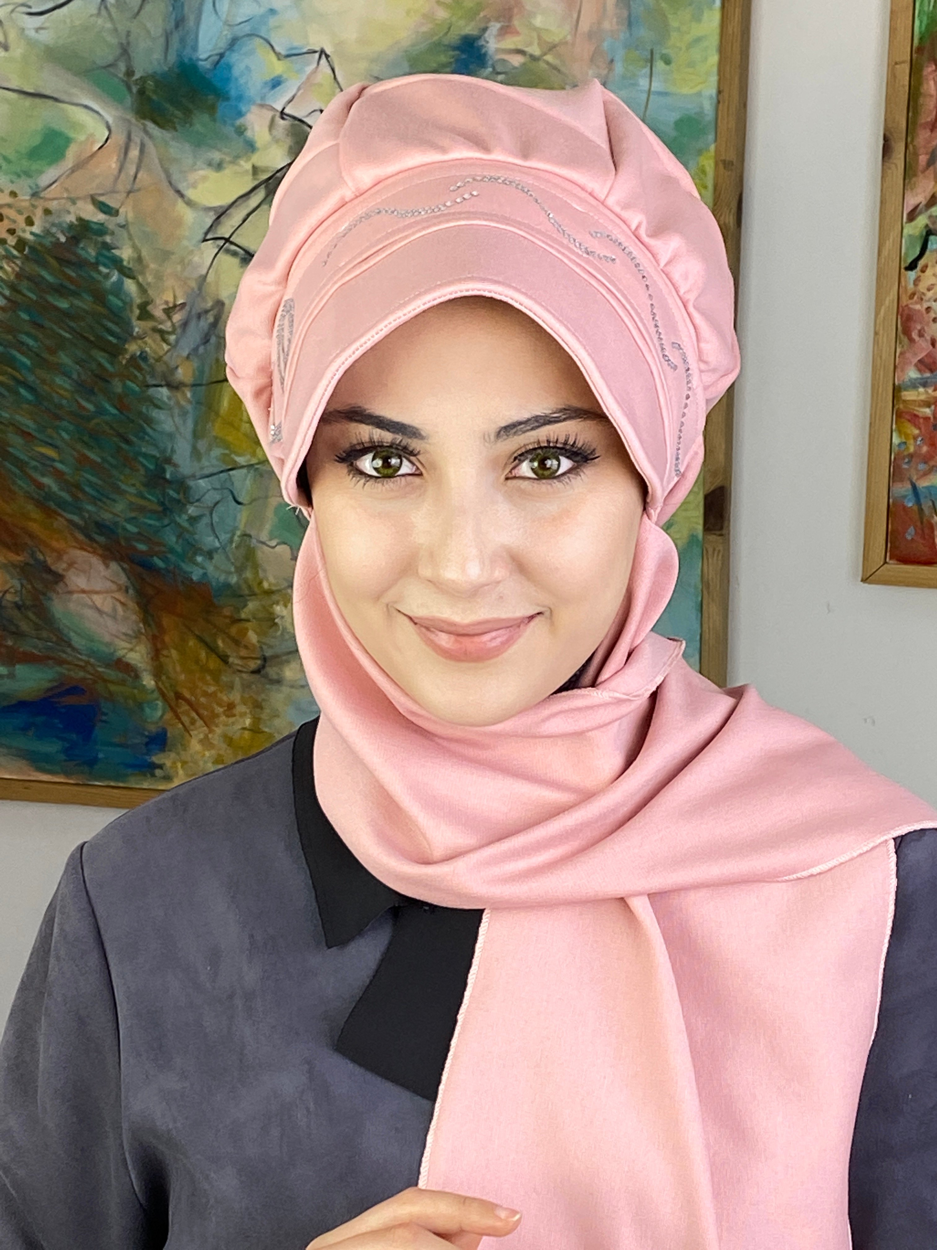 Taş Detaylı Şapka Şal - toz - pembe