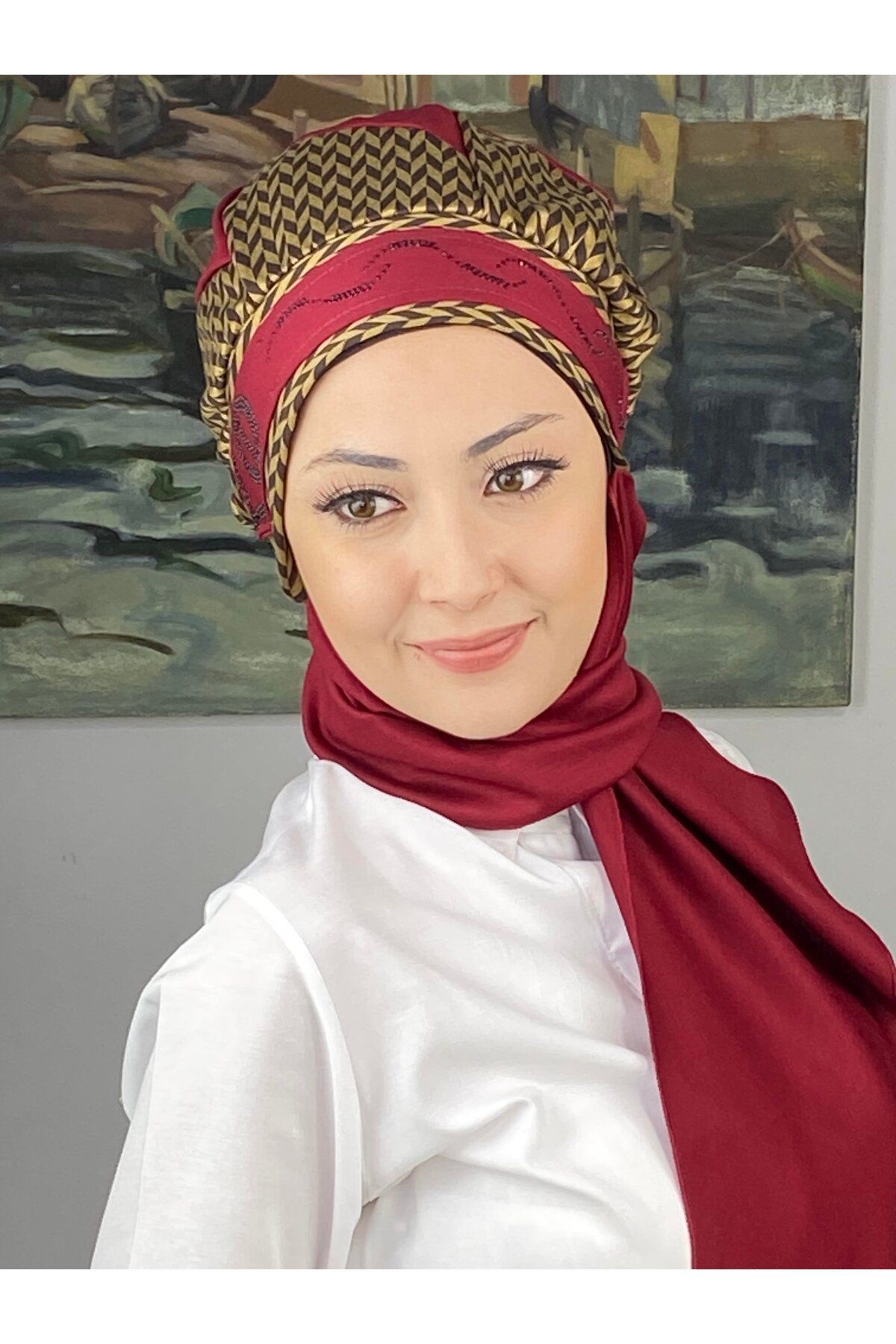 Çarkıfelek Model Taşlı Kemerli Buğday Desen Bordo Atkılı Bere