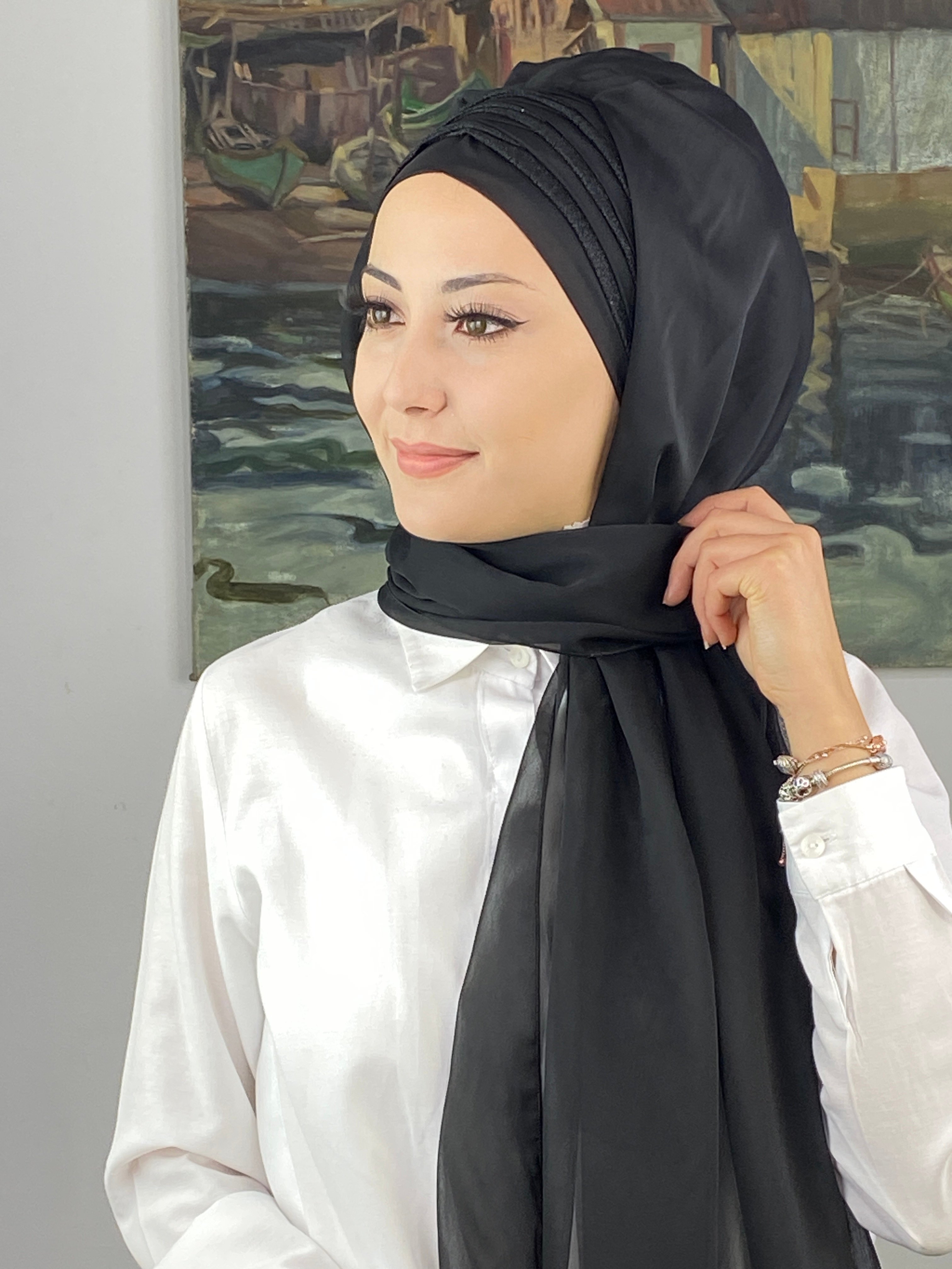 Topkapı Çapraz Drapeli Biritleri Simli Fransız Şifon Hazır Şal