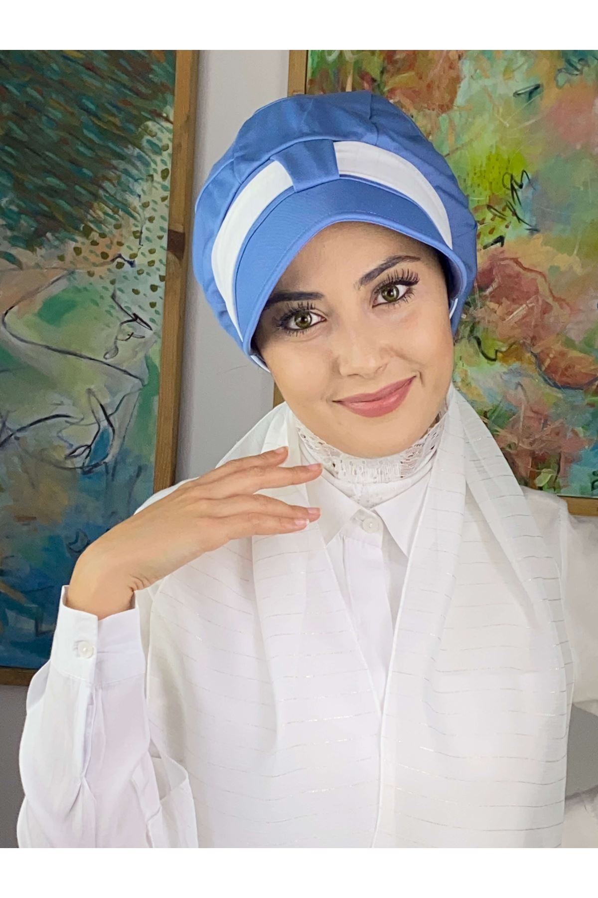 Şifon Fularlı Biritli Mavi Şapka