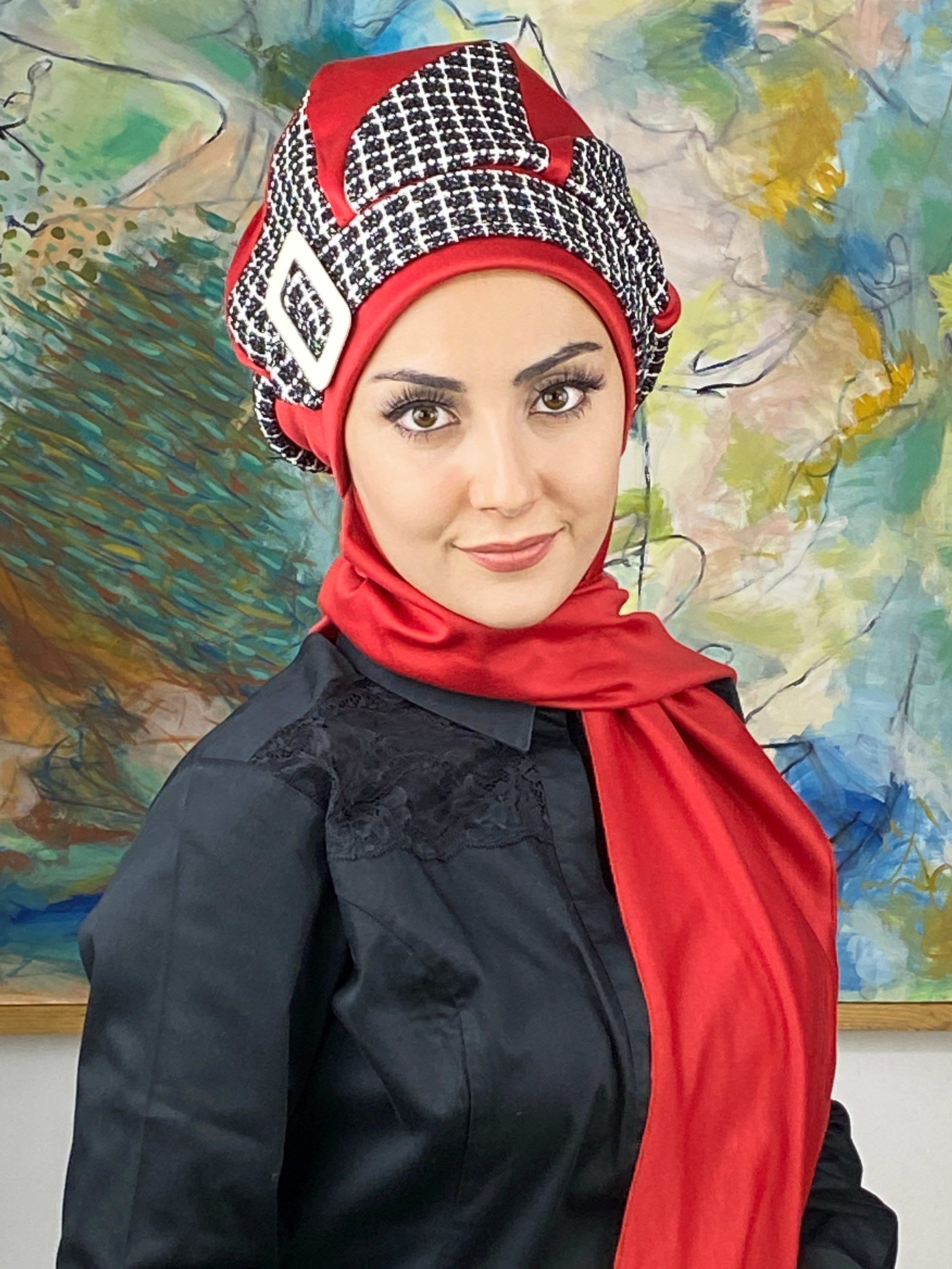 Damla Model Kare Ekoseli Tesettür Bere - kırmızı