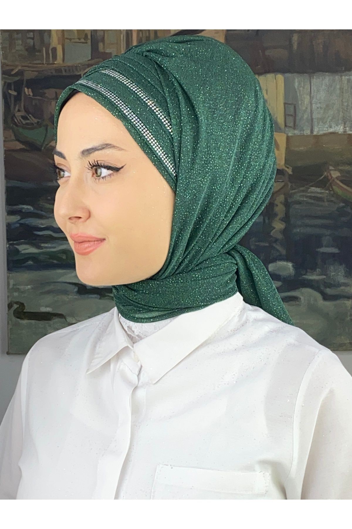 Gümüş Taşlı Drape Detaylı Simli Şal
