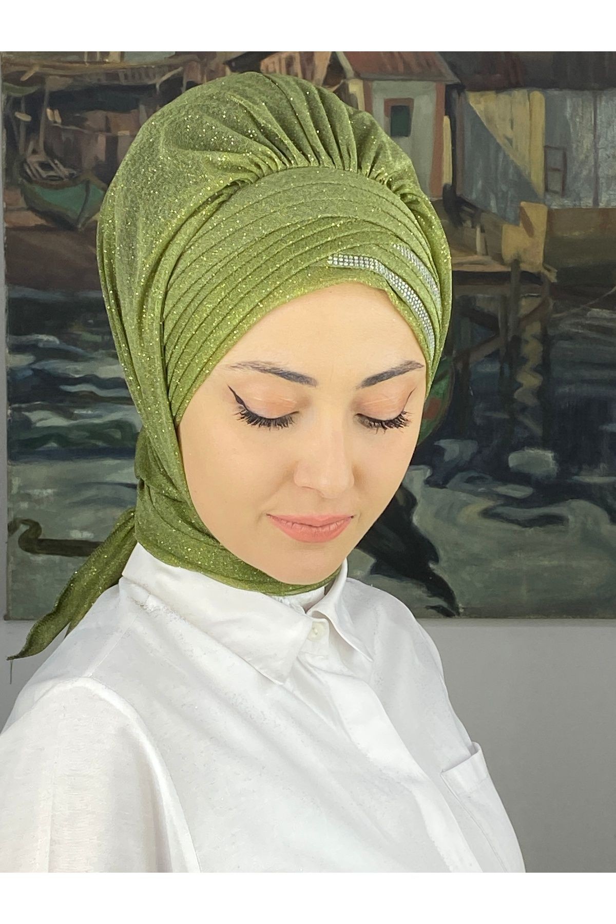 Gümüş Taşlı Drape Detaylı Simli Şal