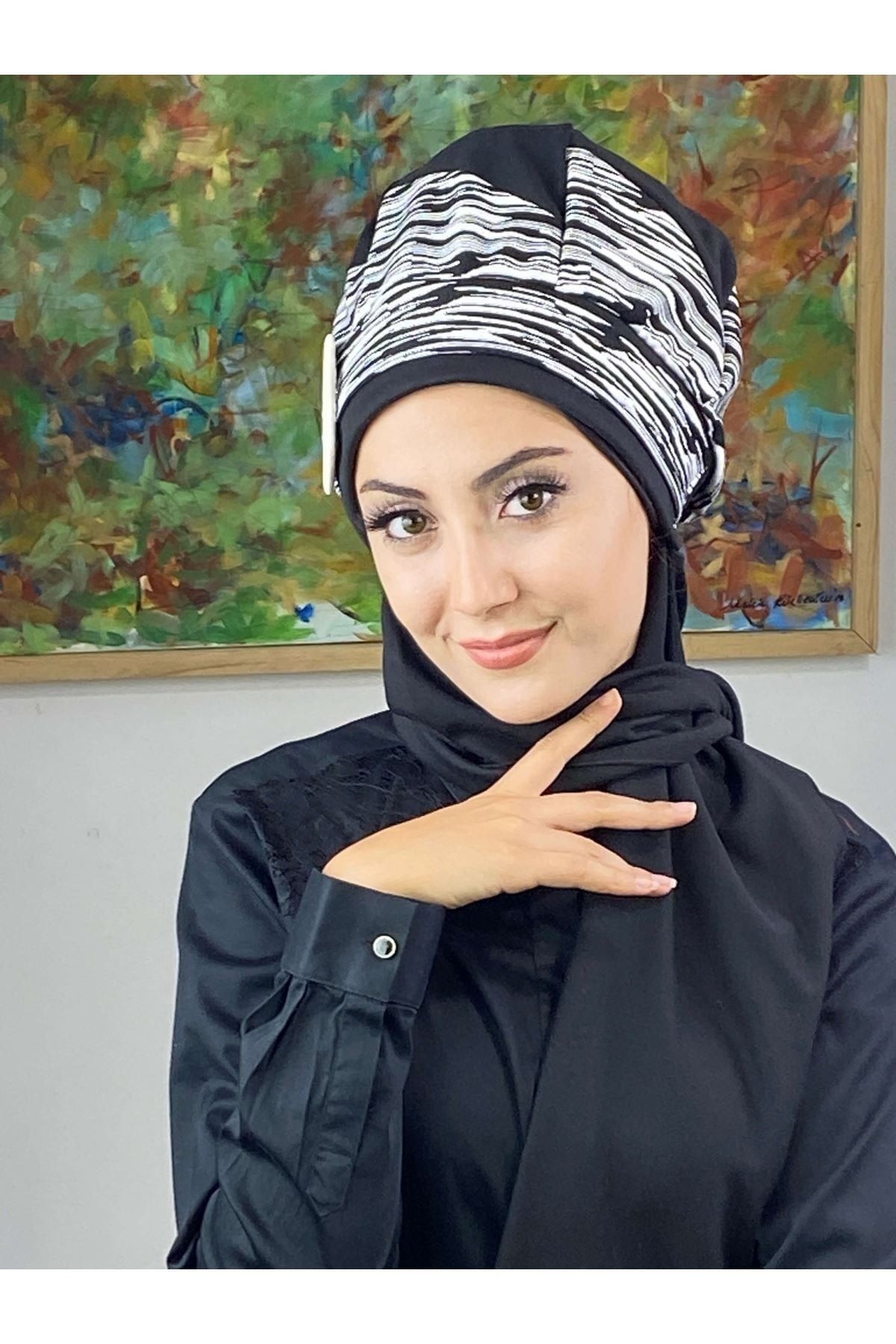 Çarkıfelek Siyah Çizgili Desenli Atkılı Tesettür Bere