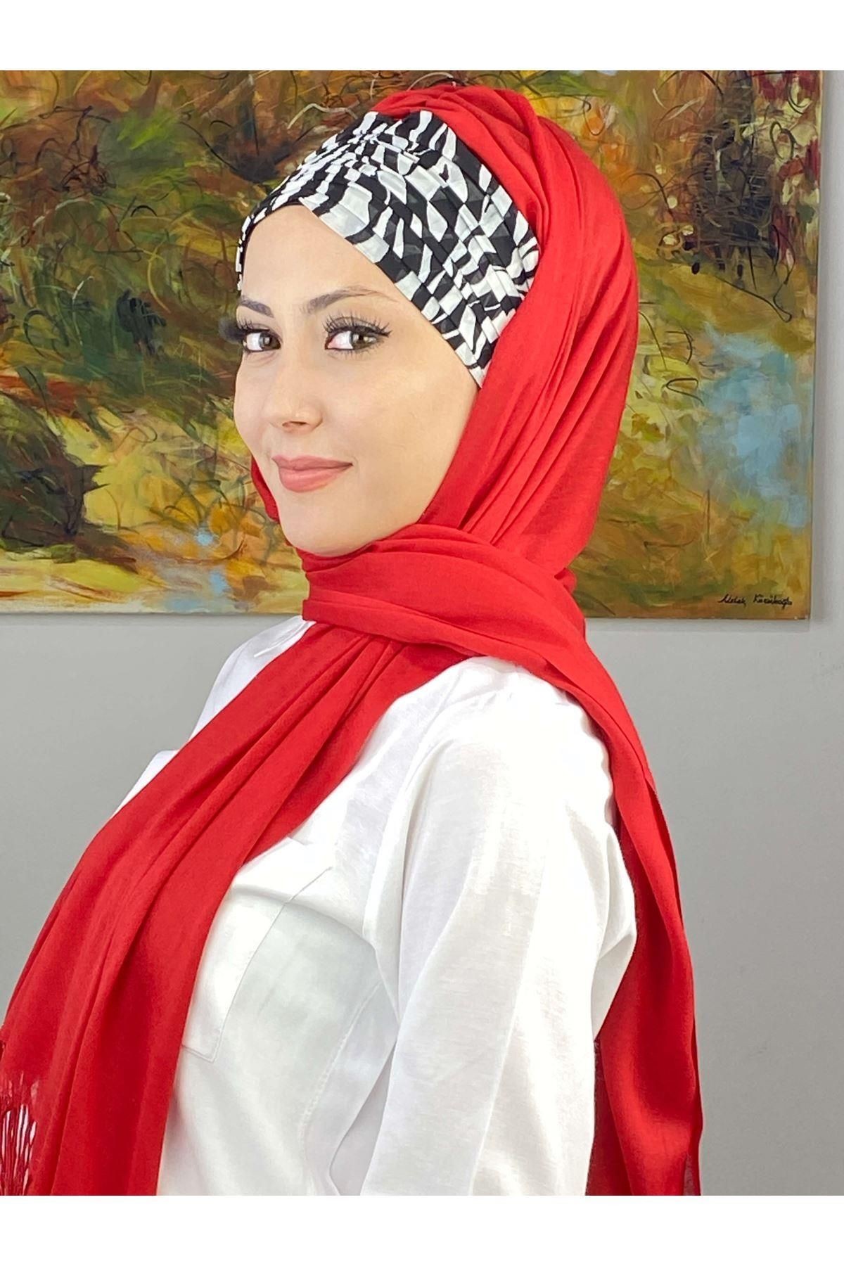 Zebra Desenli Kırmızı Büzgülü Hazır Şal