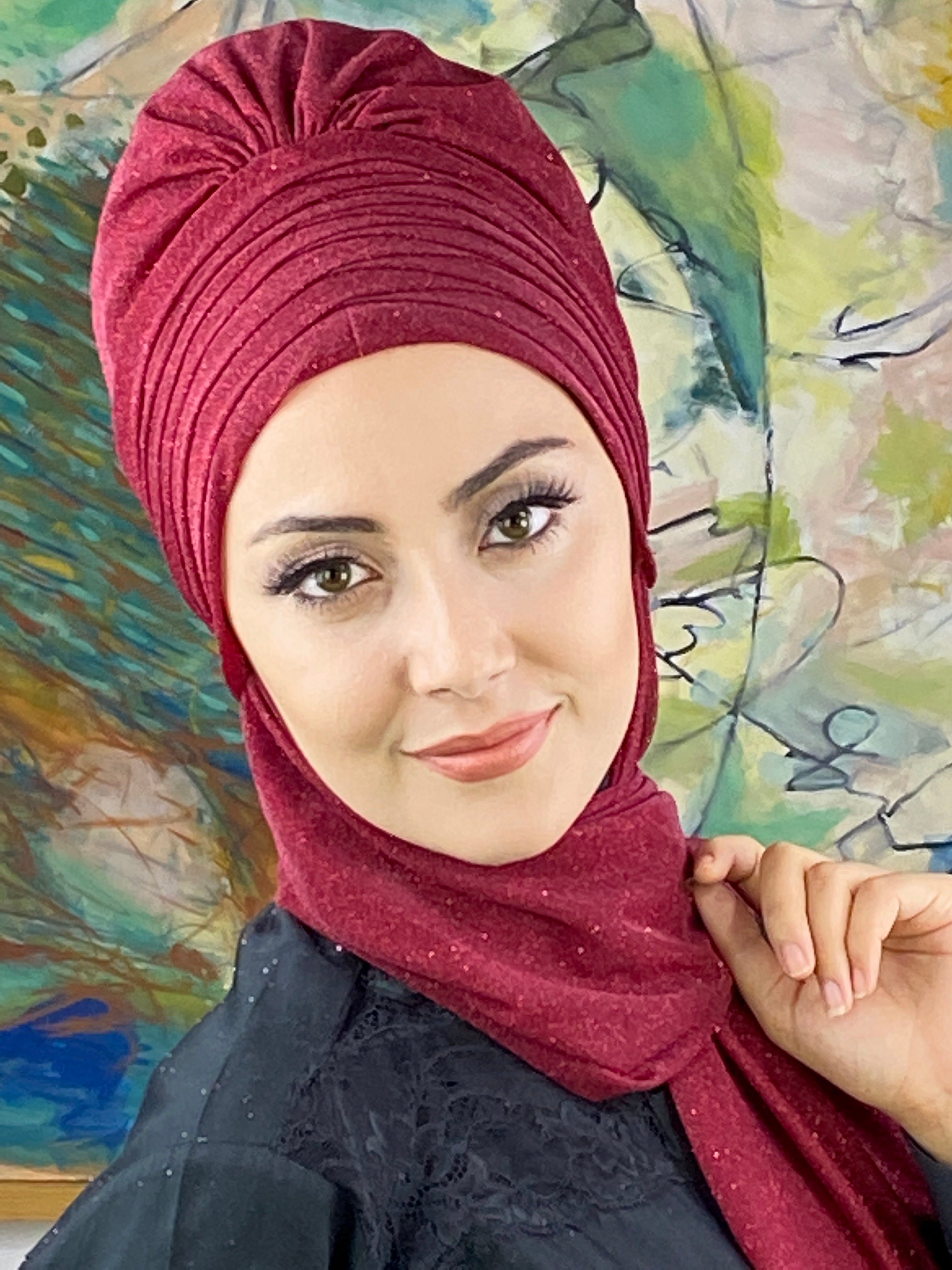 Simli Bordo Atkılı Abiye Tesettür Bone