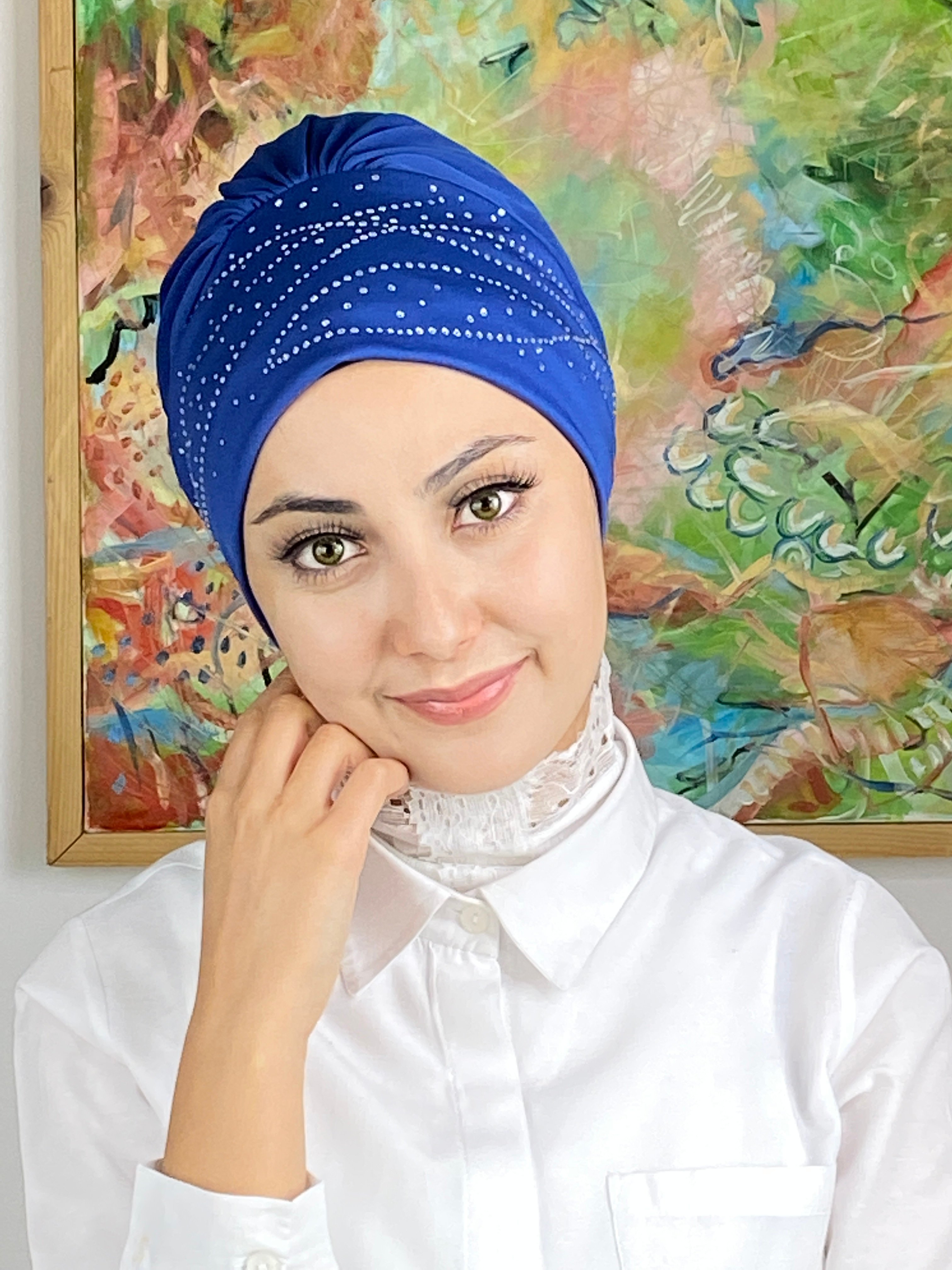 Firuze Model Taşlı Bone - saks mavisi