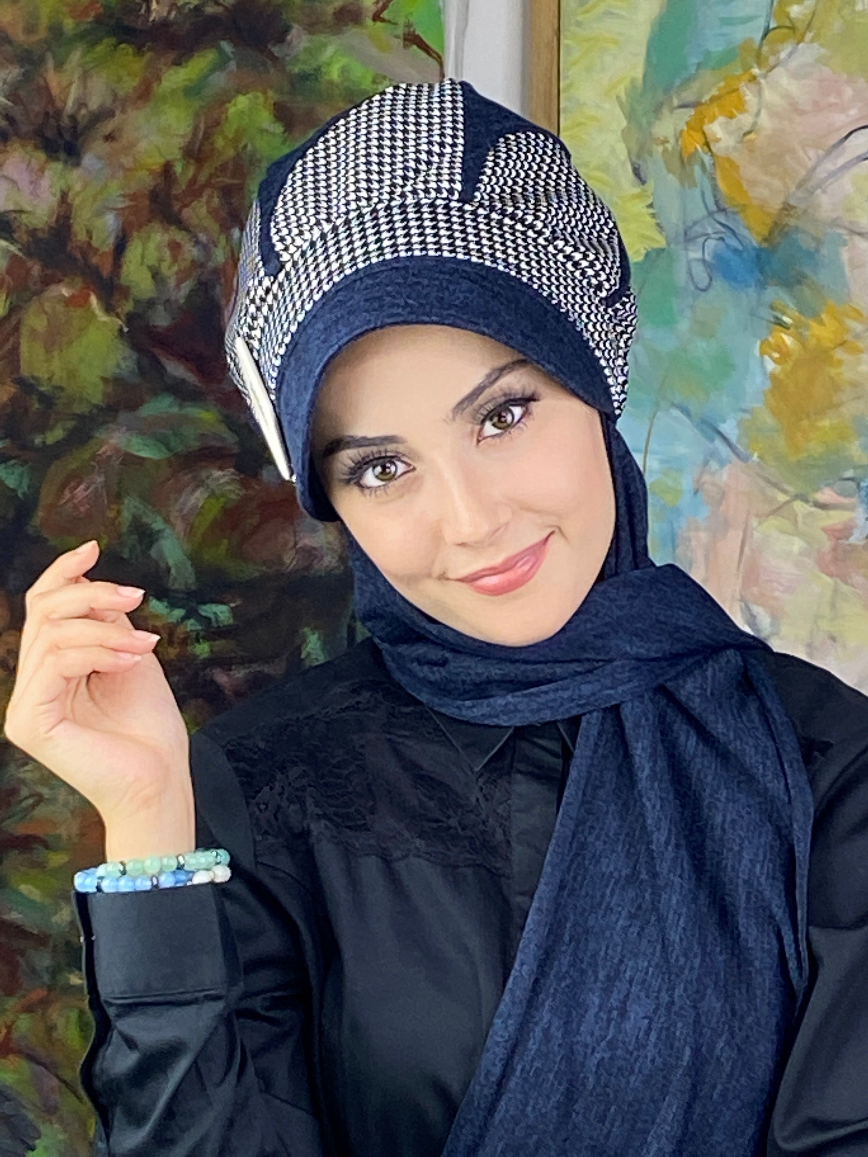 Damla Model Kazayağı Desenli Tesettür Şapka Şal