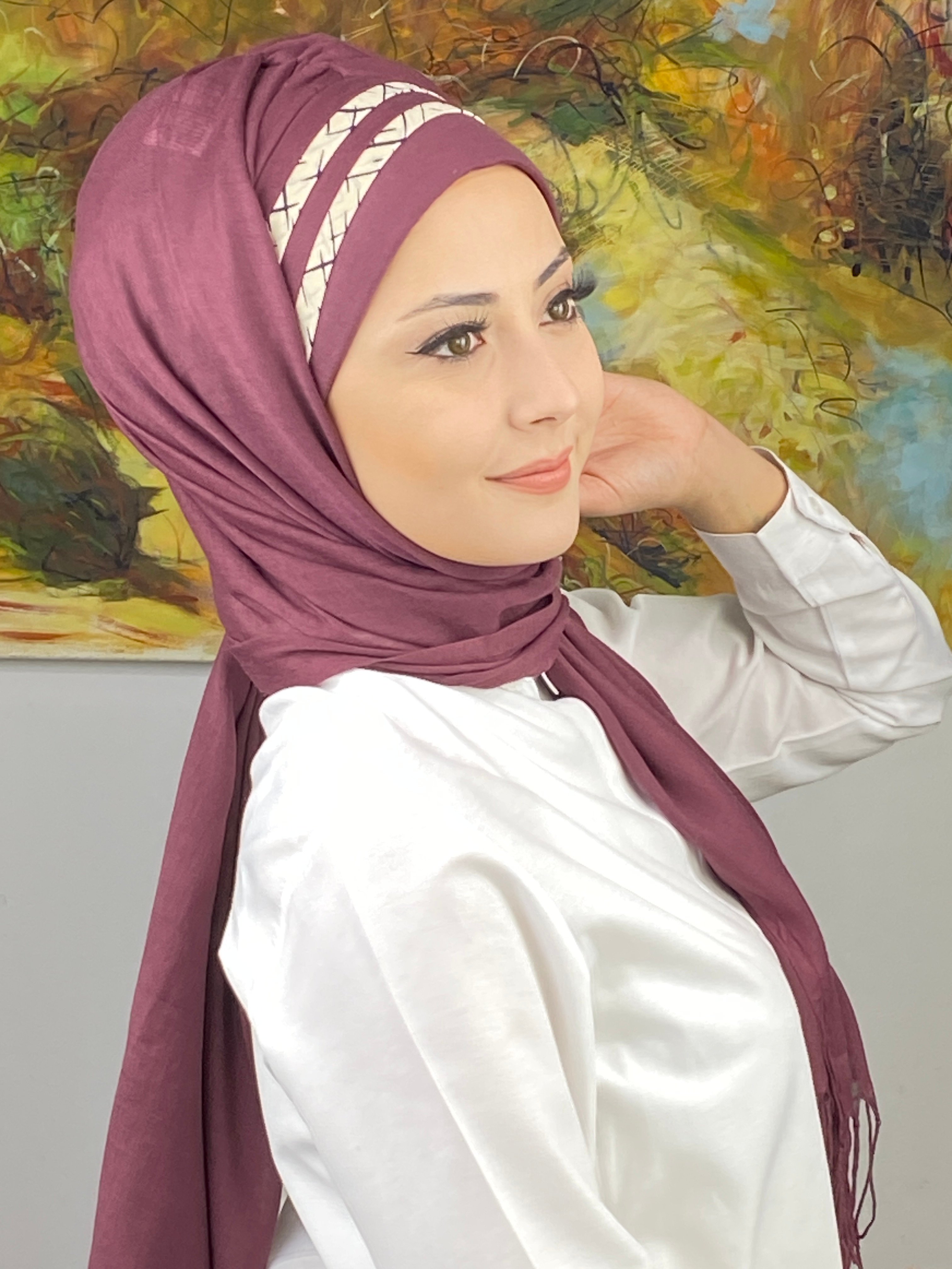 Saray Model Krem Şerit Desenli Açık Mürdüm Hazır Şal