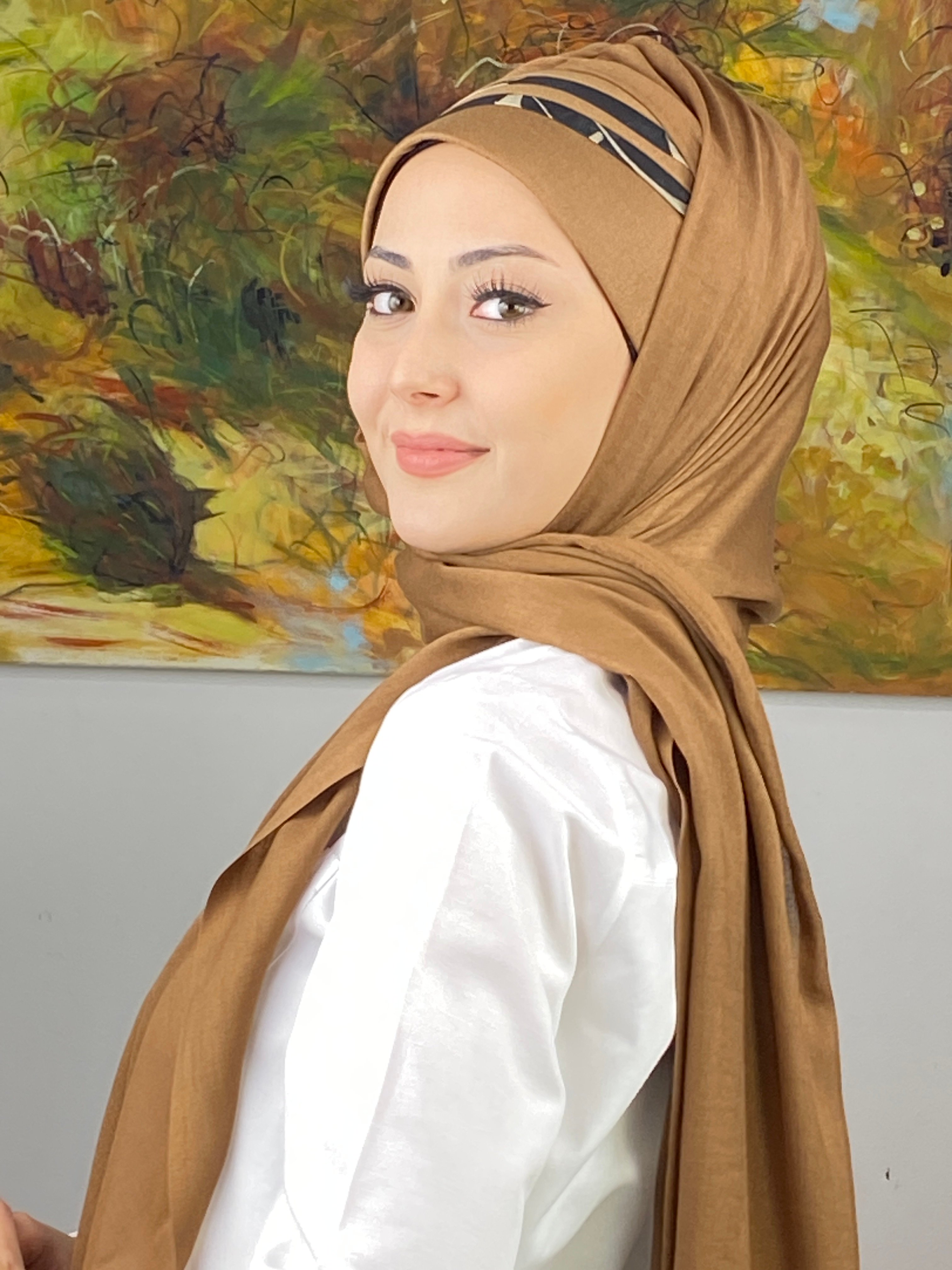 Saray Model Siyah Şeritli Desen Açık Sütlü Kahve Hazır Şal