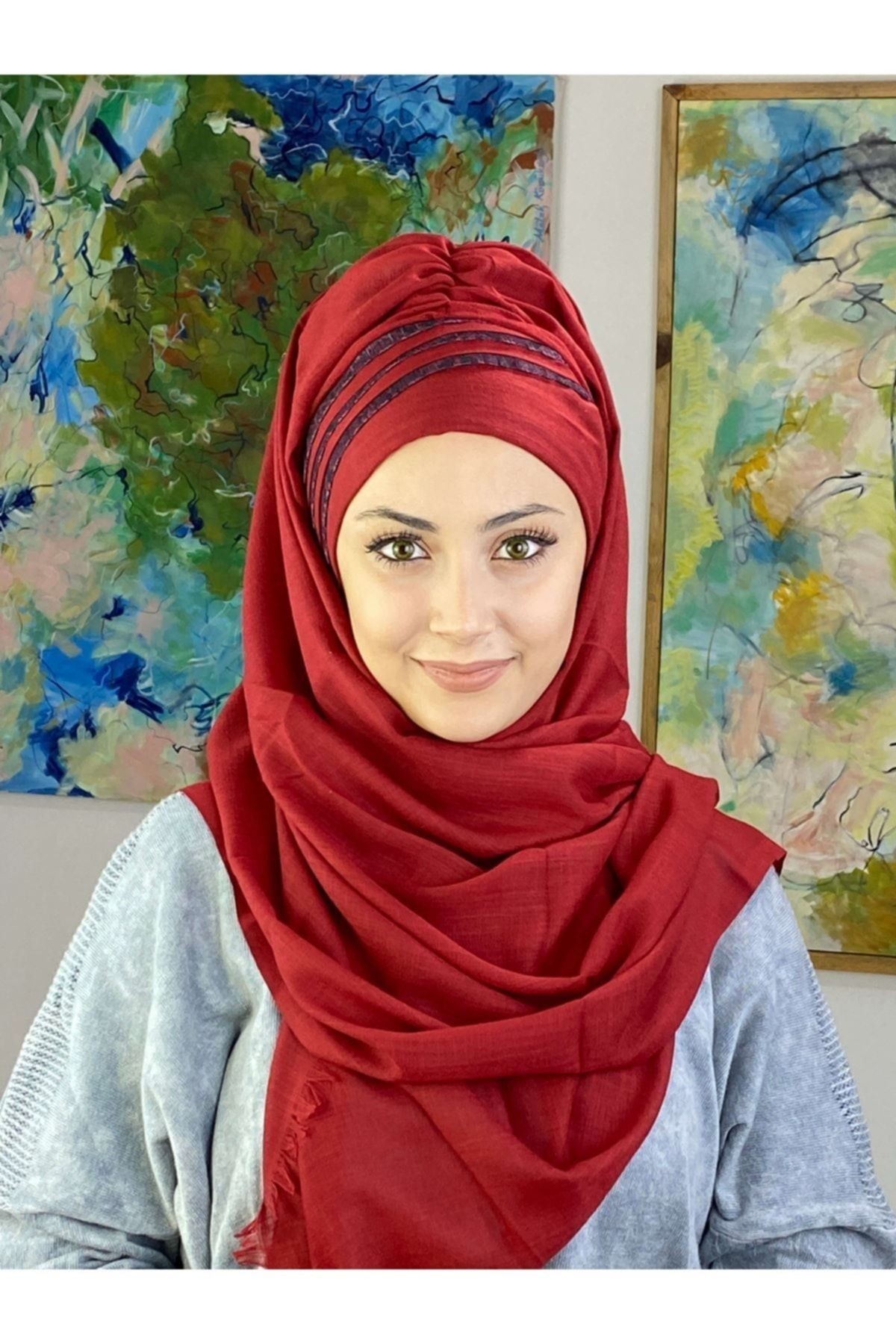 Bordo Renkli Yan Drapeli Tül Detaylı Hazır Şal