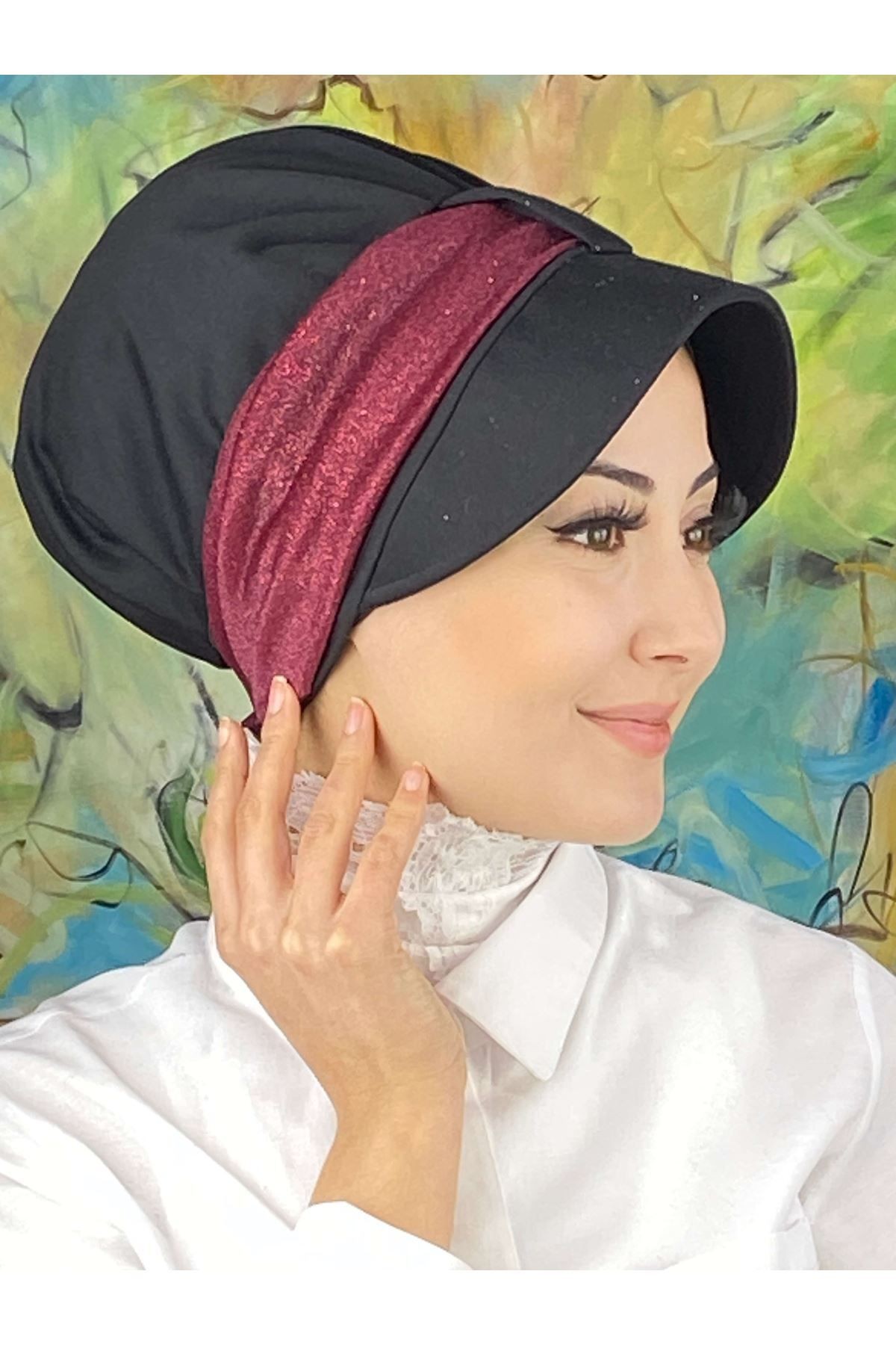 Cırtcırtlı Bordo Simli Şifon Fularlı Şapka