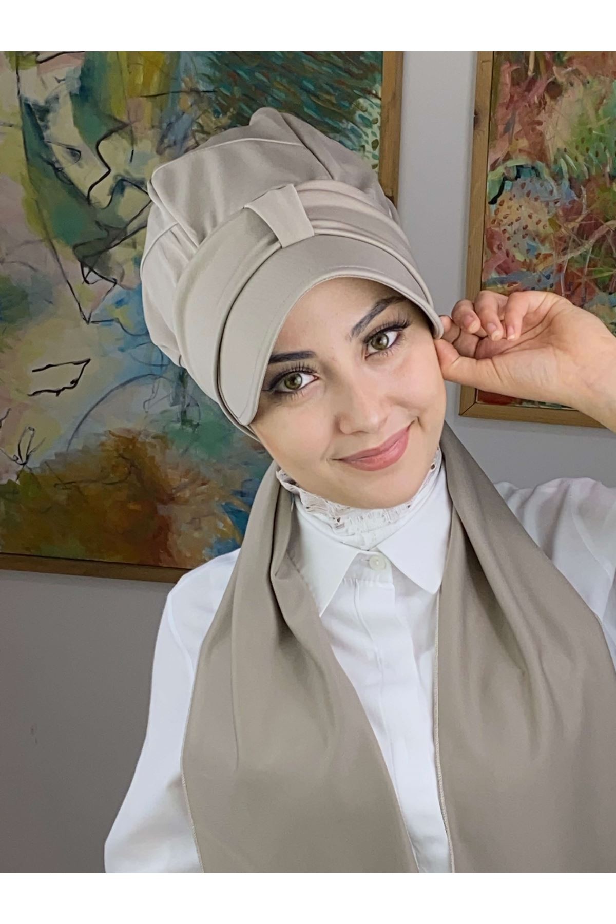 Taş Rengi Fularlı Şapka