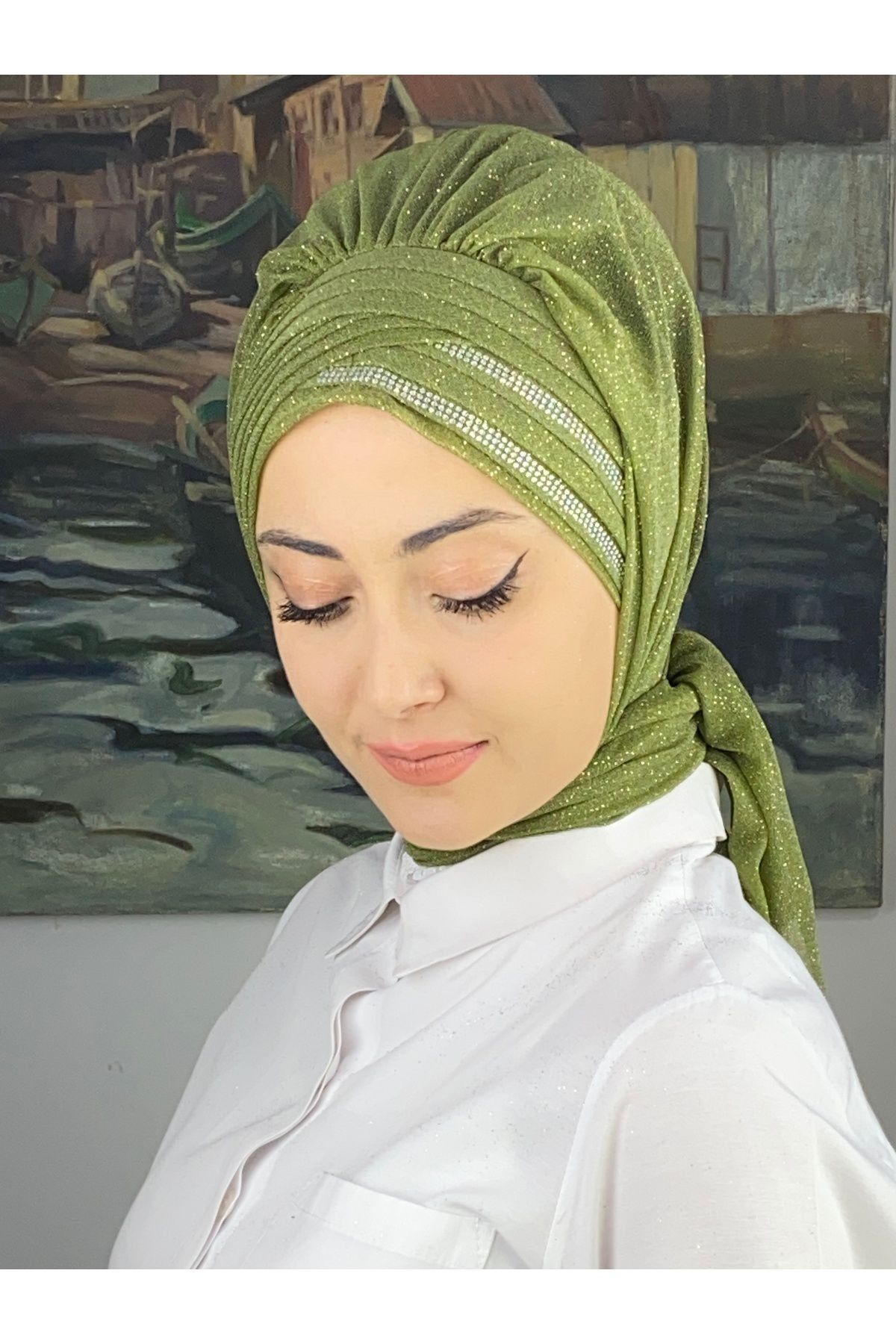Gümüş Taşlı Drape Detaylı Simli Şal