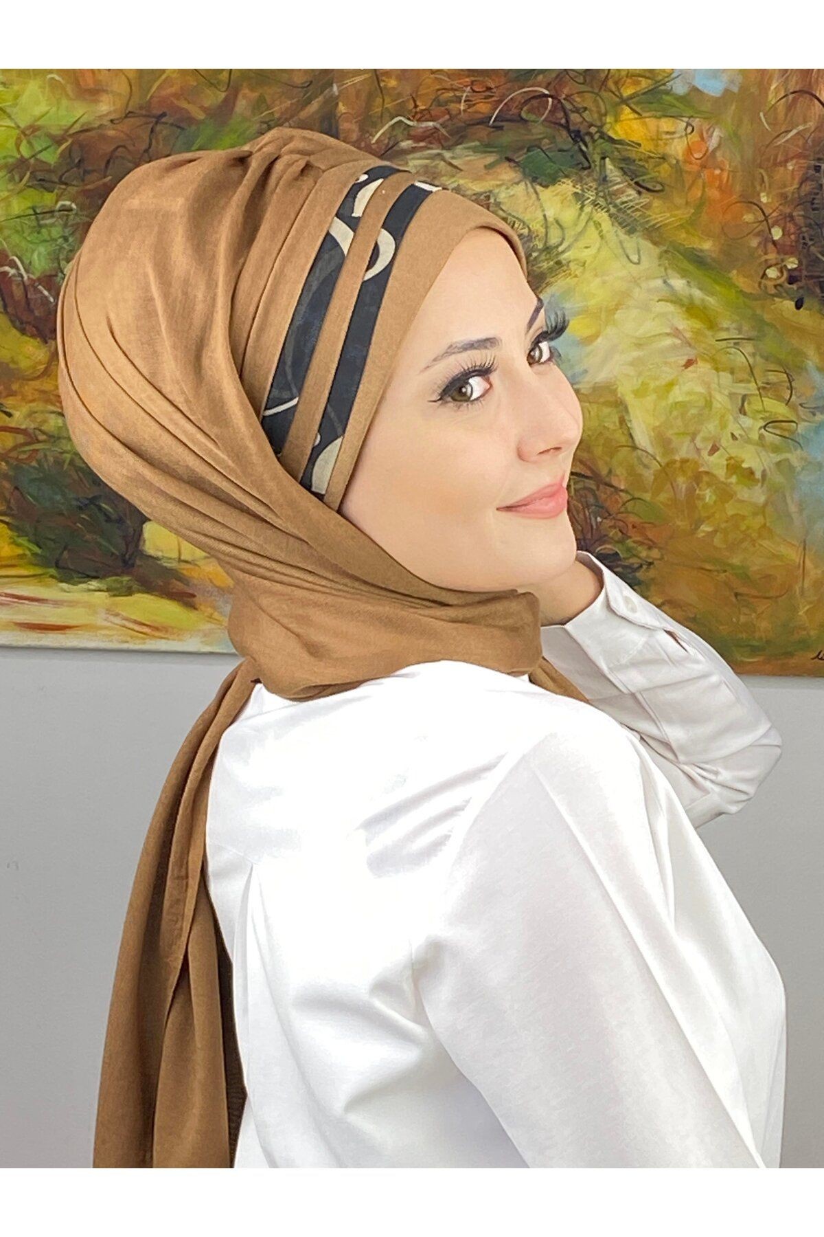 Saray Model Siyah Şeritli Desen Açık Sütlü Kahve Hazır Şal