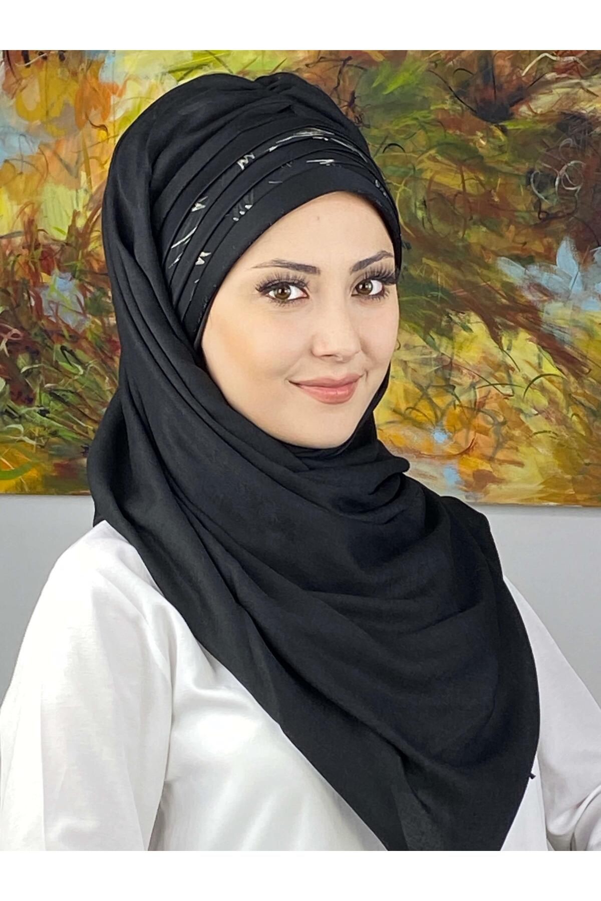 Topkapı Model Çapraz Drapeli Şifon Şeritli Desen Hazır Şal