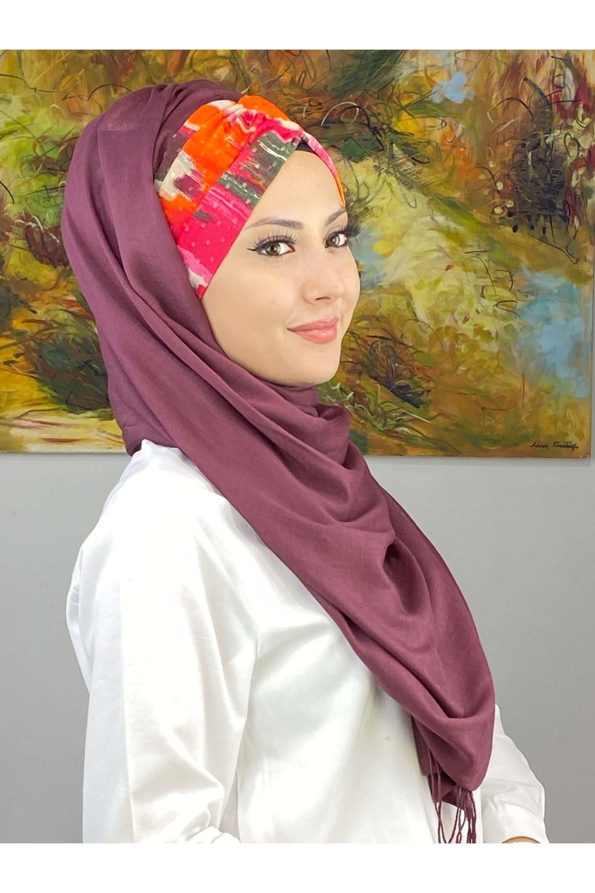 Zebra Desenli Açık Mürdüm Büzgülü Hazır Şal
