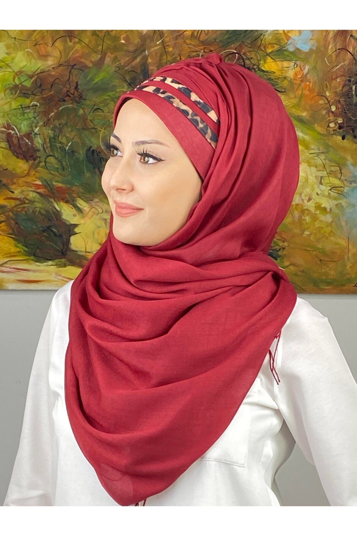 Saray Model Leopar Şerit Desenli Bordo Hazır Şal