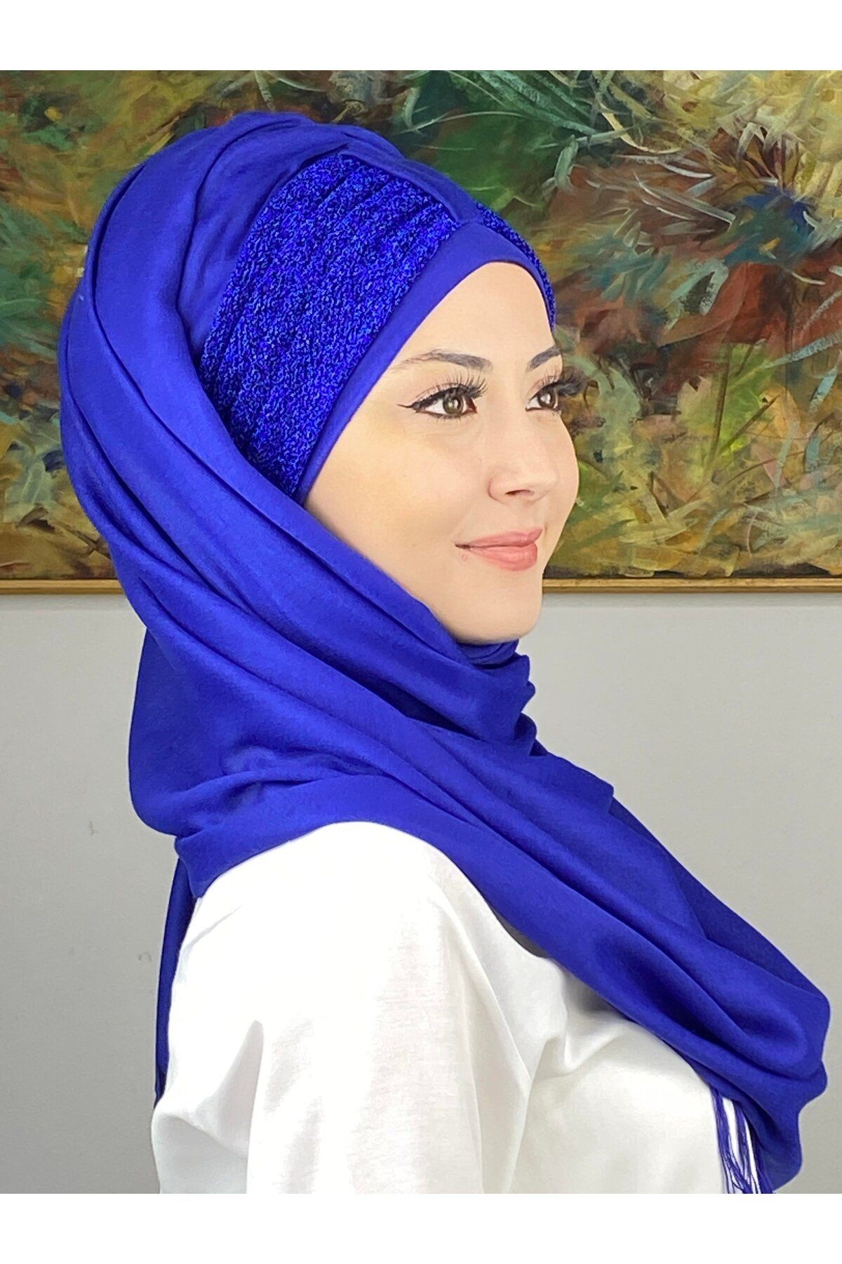 Tek Birirtli Büzgülü Hazır Türban Saks Mavisi Şal