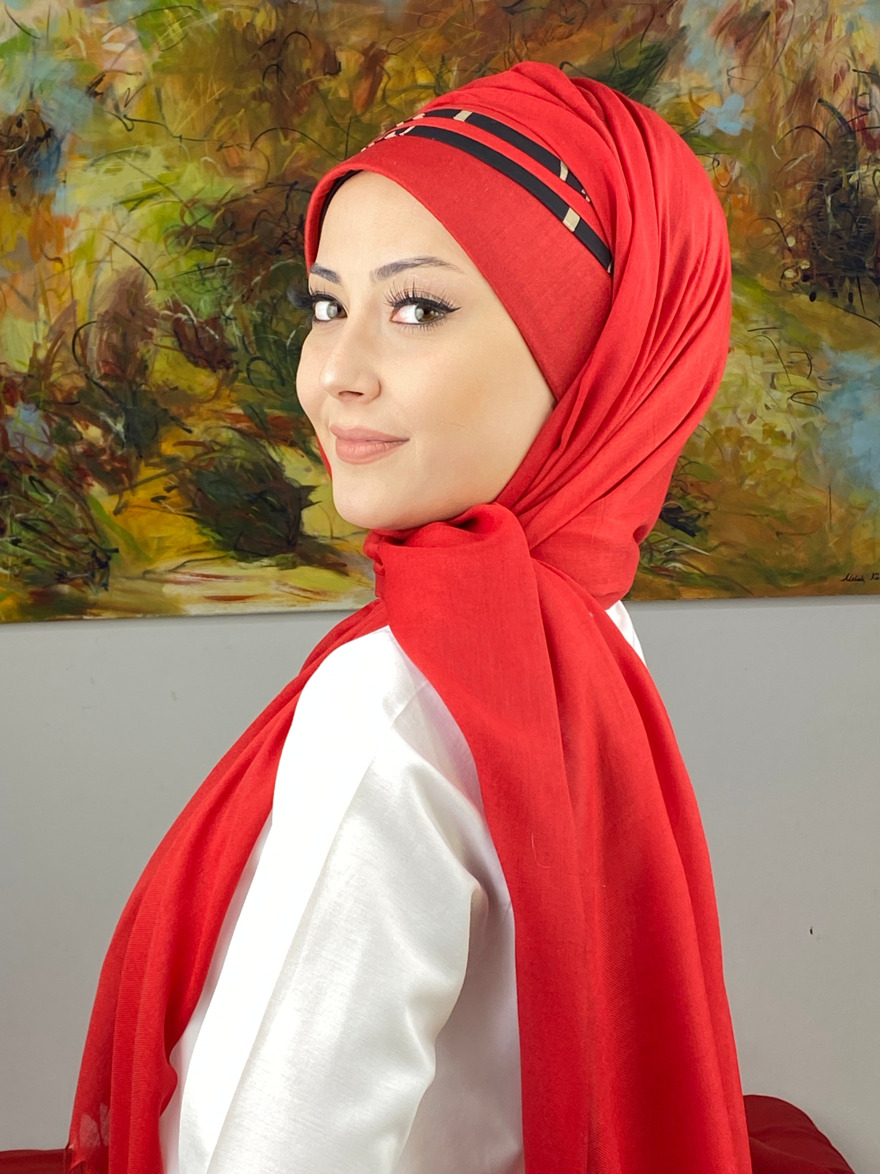 Saray Model Siyah Şeritli Desen Kırmızı Hazır Şal