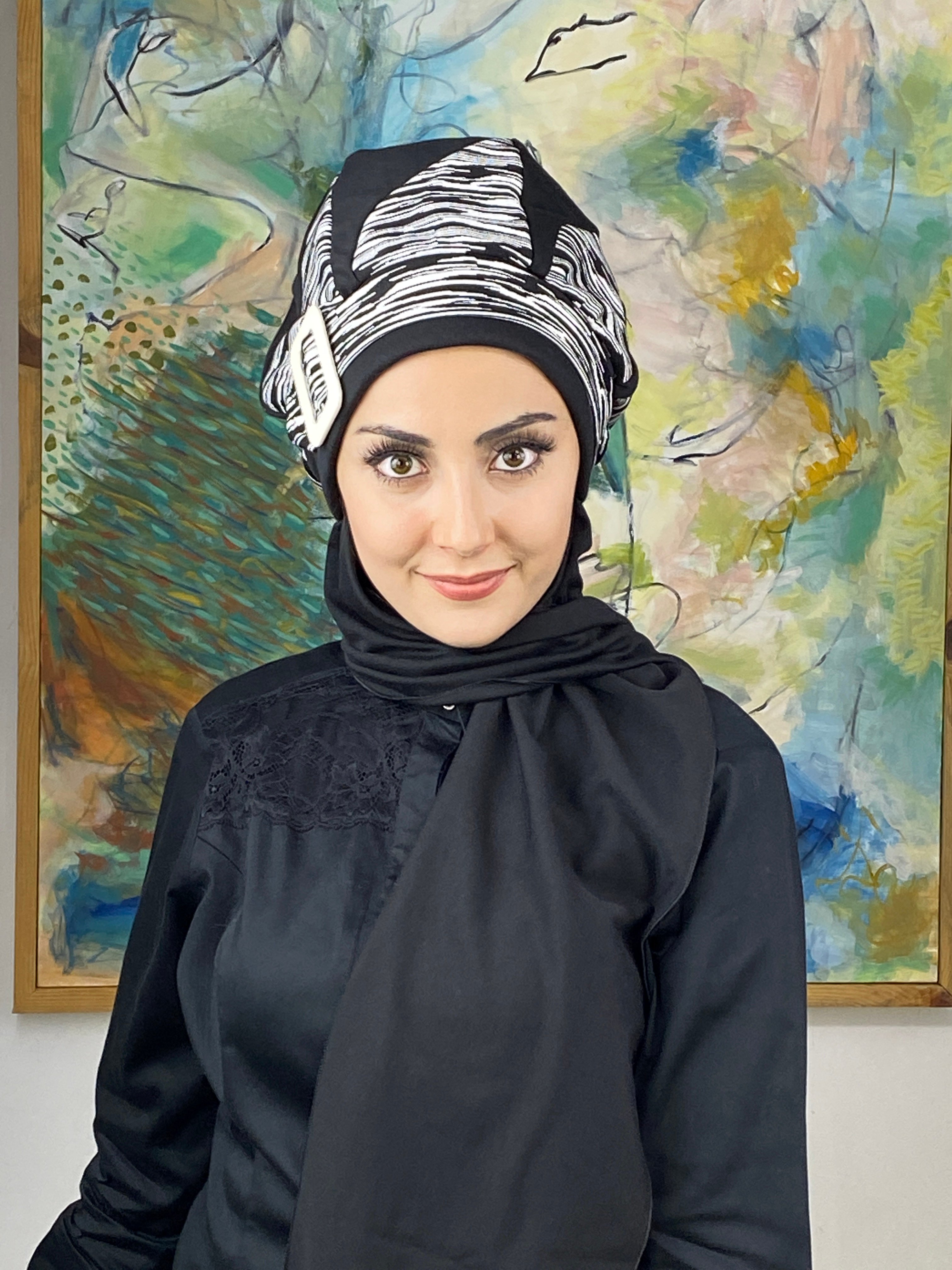 Damla Model Çizgili Tesettür Bere - siyah