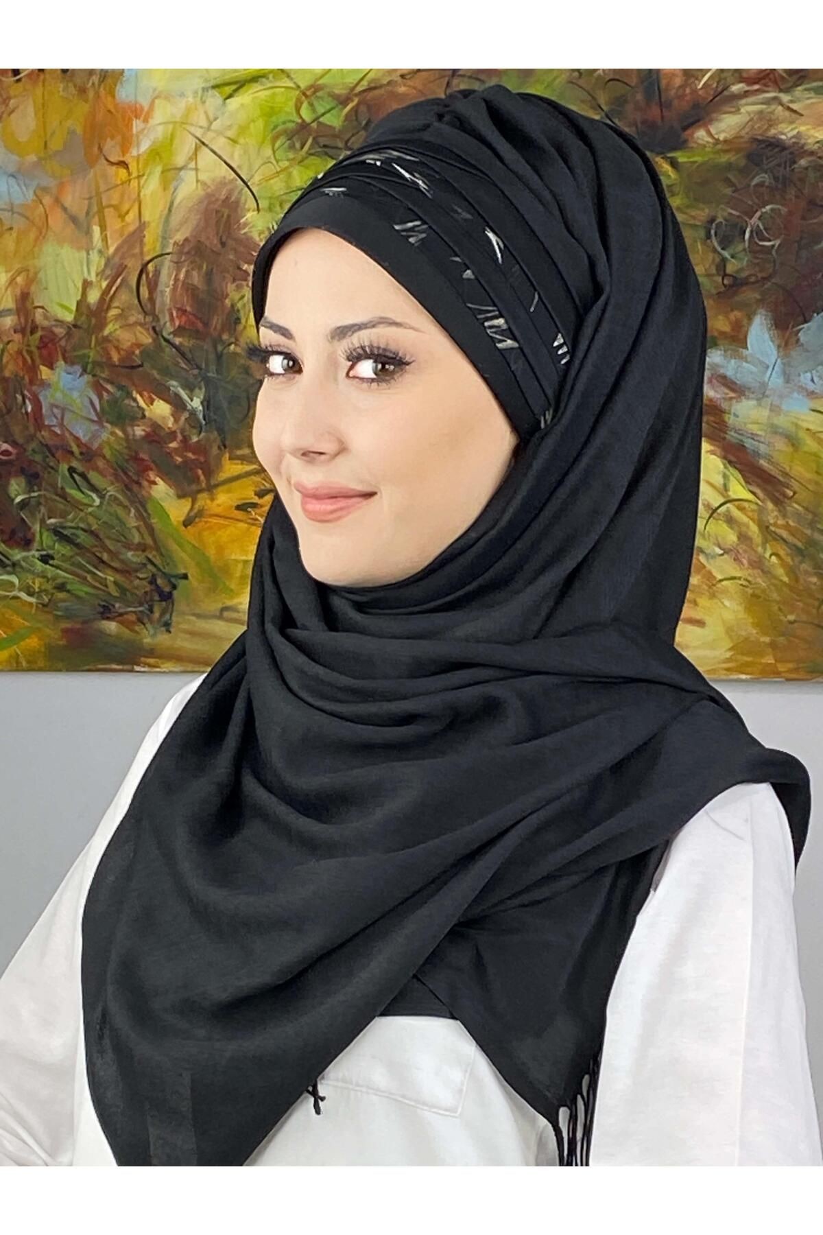 Topkapı Model Çapraz Drapeli Şifon Şeritli Desen Hazır Şal
