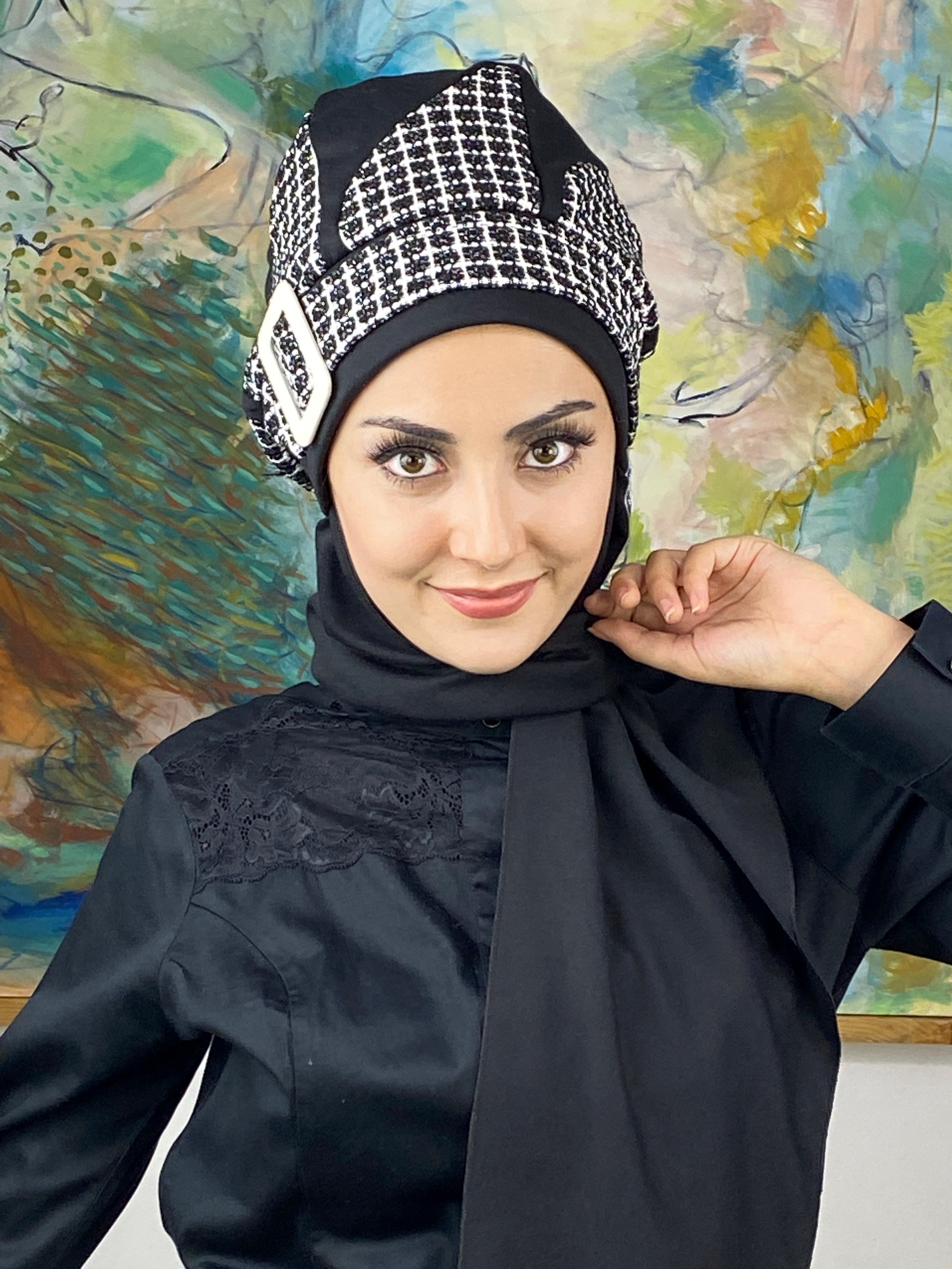 Damla Model Kare Ekoseli Tesettür Bere - siyah