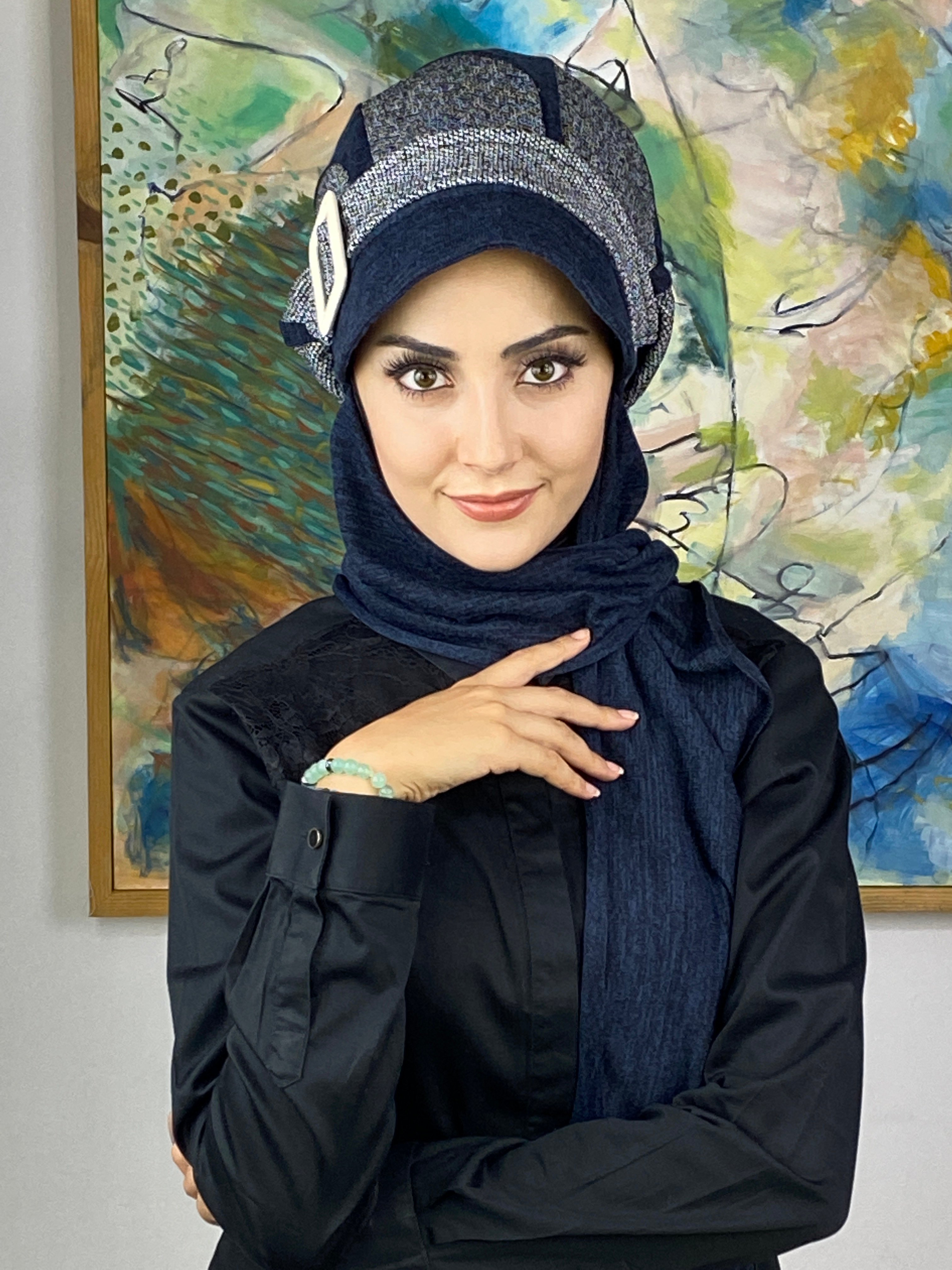 Damla Model Kırçıllı Triko Tesettür Tesettür Şapka Şal - lacivert-