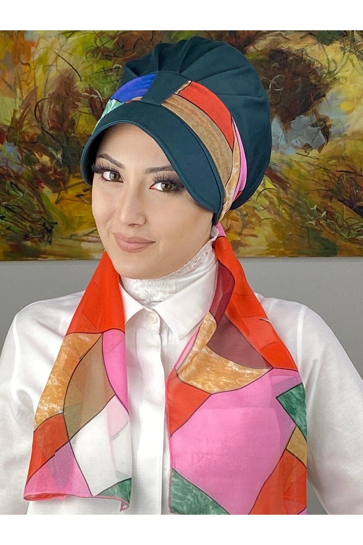 Floral Desenli Tek Biritli Fularlı Şapka