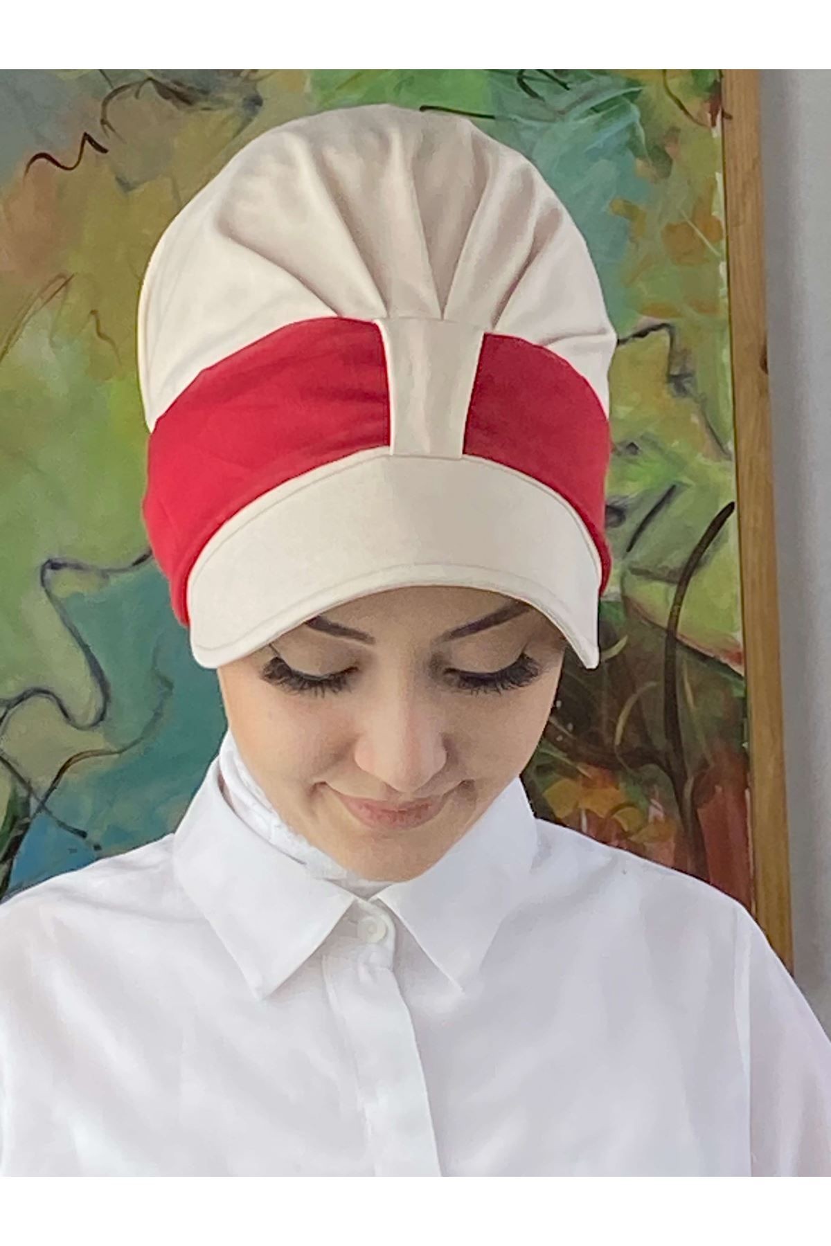 Cırtcırtlı Kırmızı Simli Şifon Fularlı Şapka