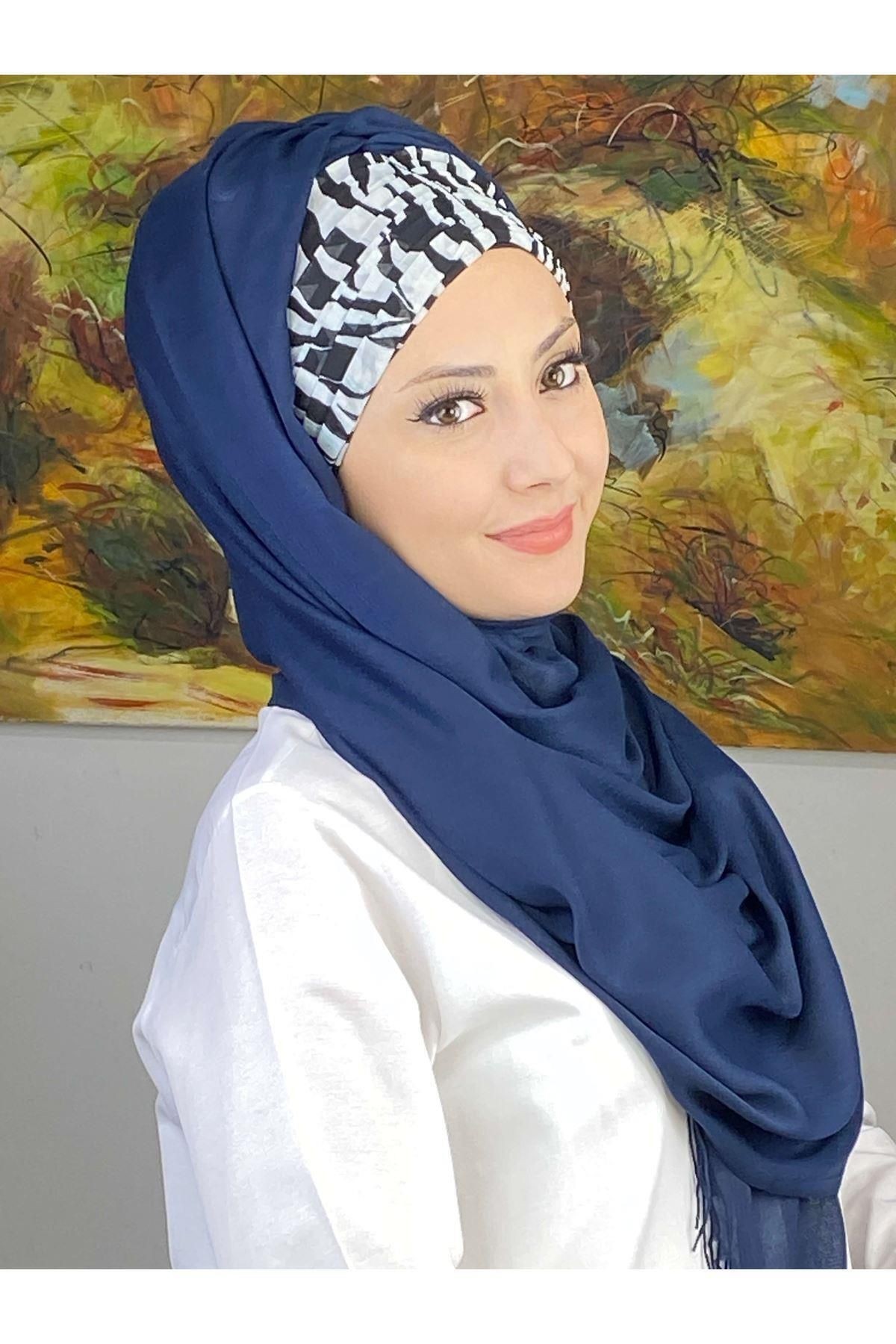 Zebra Desenli Lacivert Büzgülü Hazır Şal