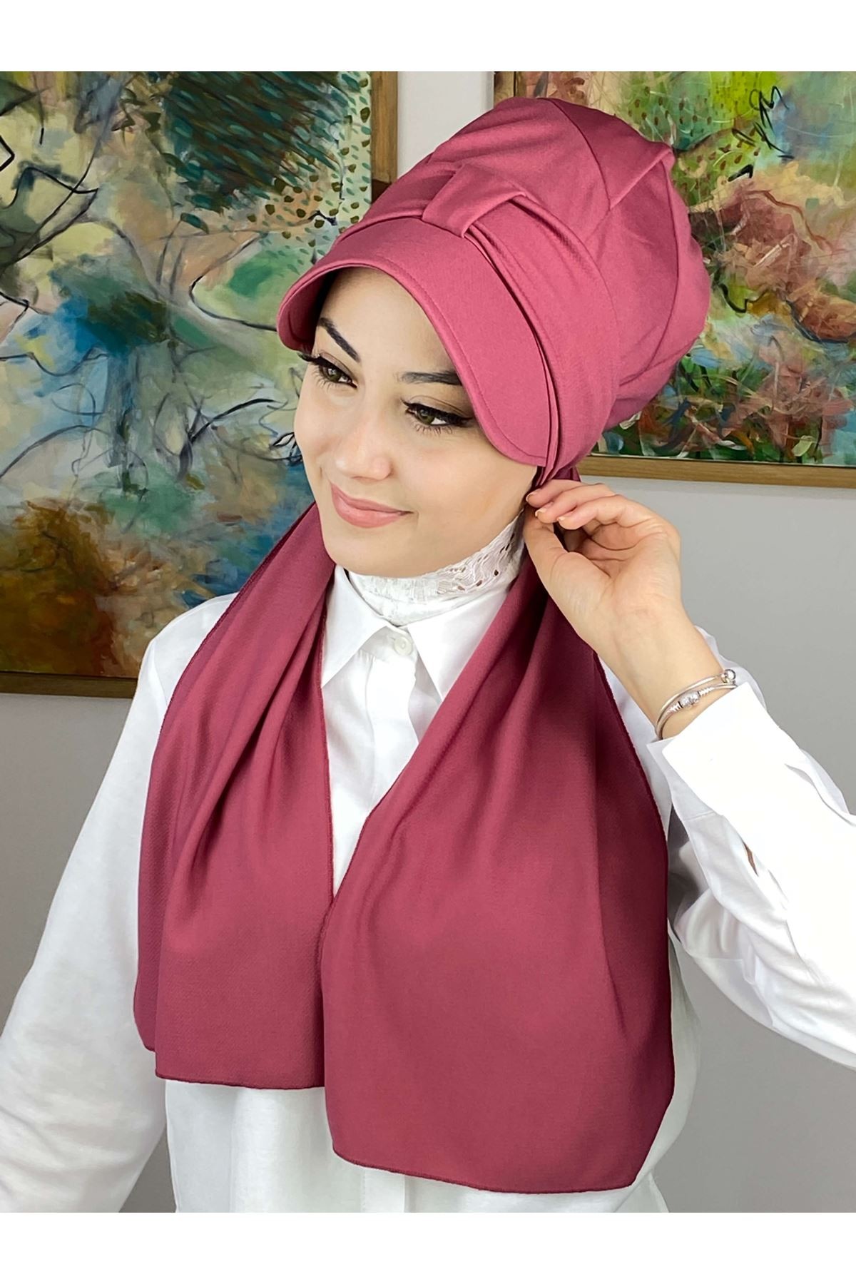Açık Vişne Rengi Kendinden Fularlı Şapka