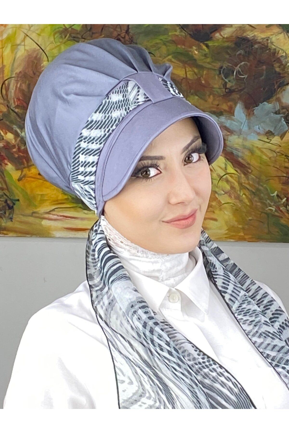 Floral Desenli Tek Biritli Fularlı Şapka