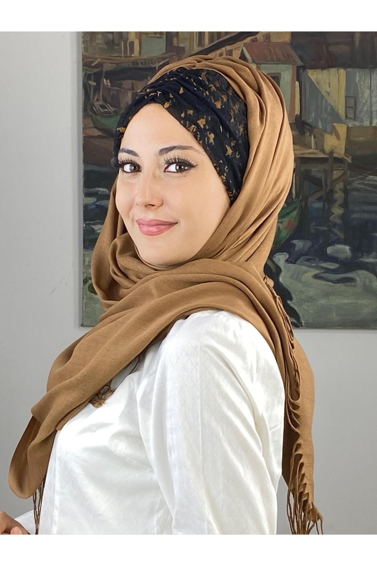 KAHVE SARI KAZAYAKLI BÜZGÜLÜ ŞAL