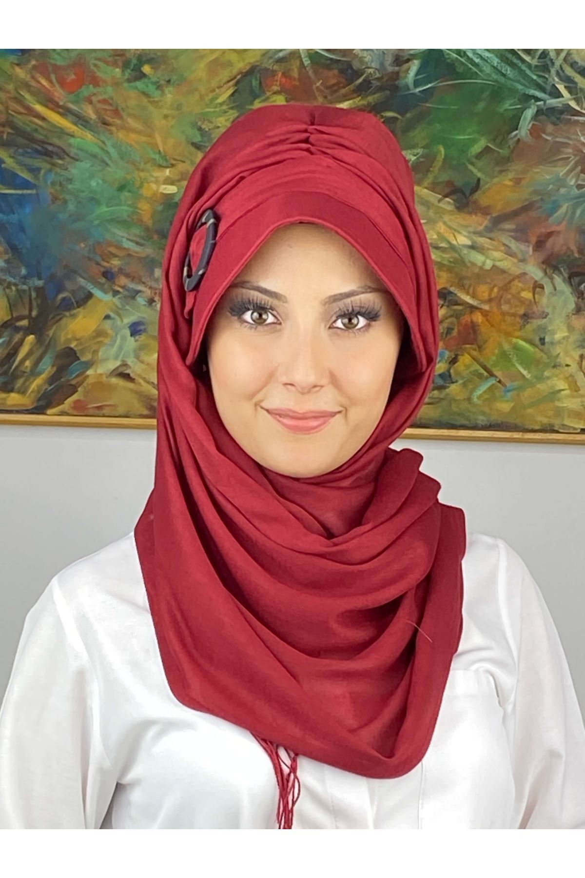 Bordo Renkli Tokalı Siperli Şapka Şal