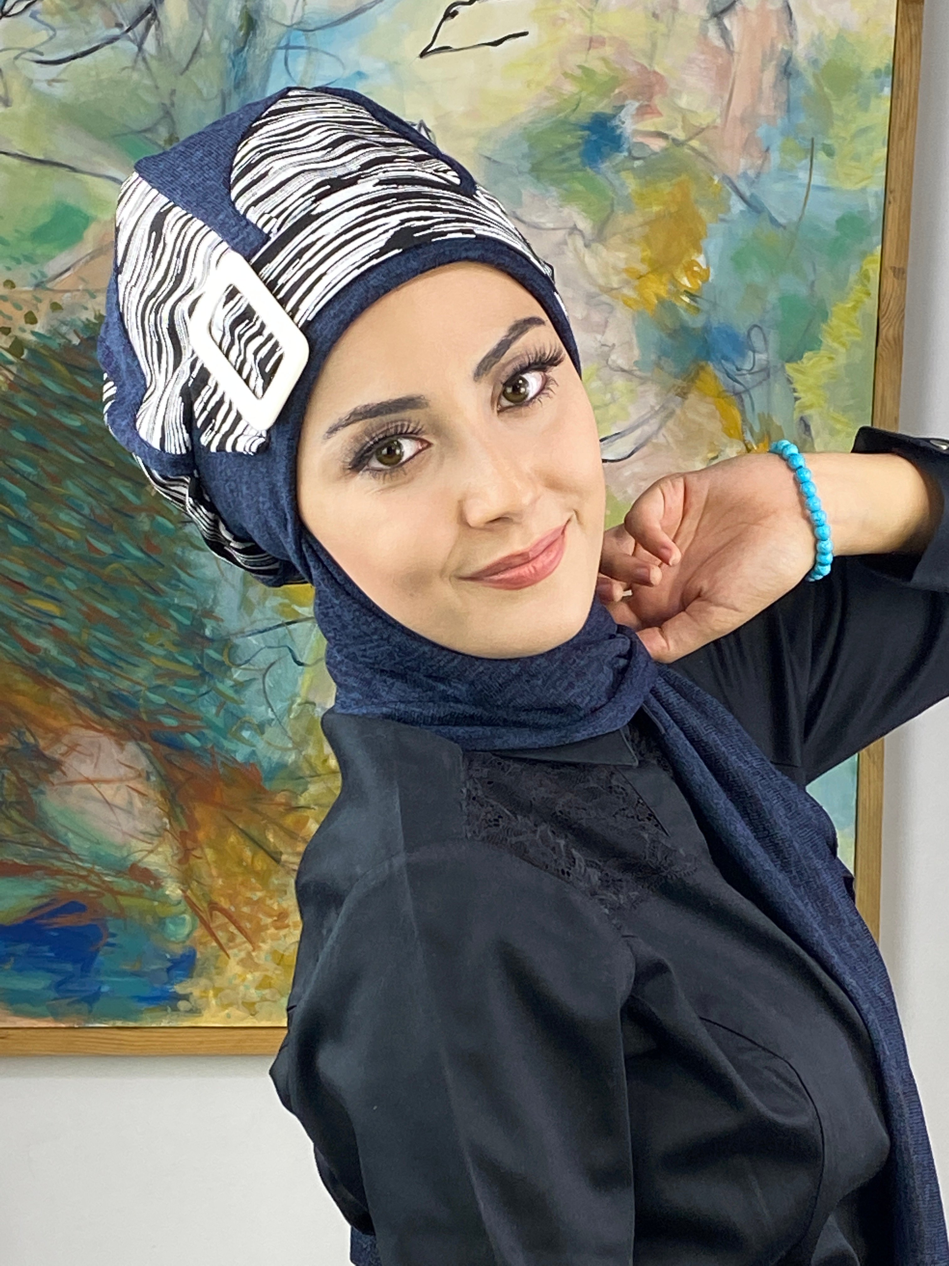 Damla Model Çizgili Tesettür Bere - lacivert