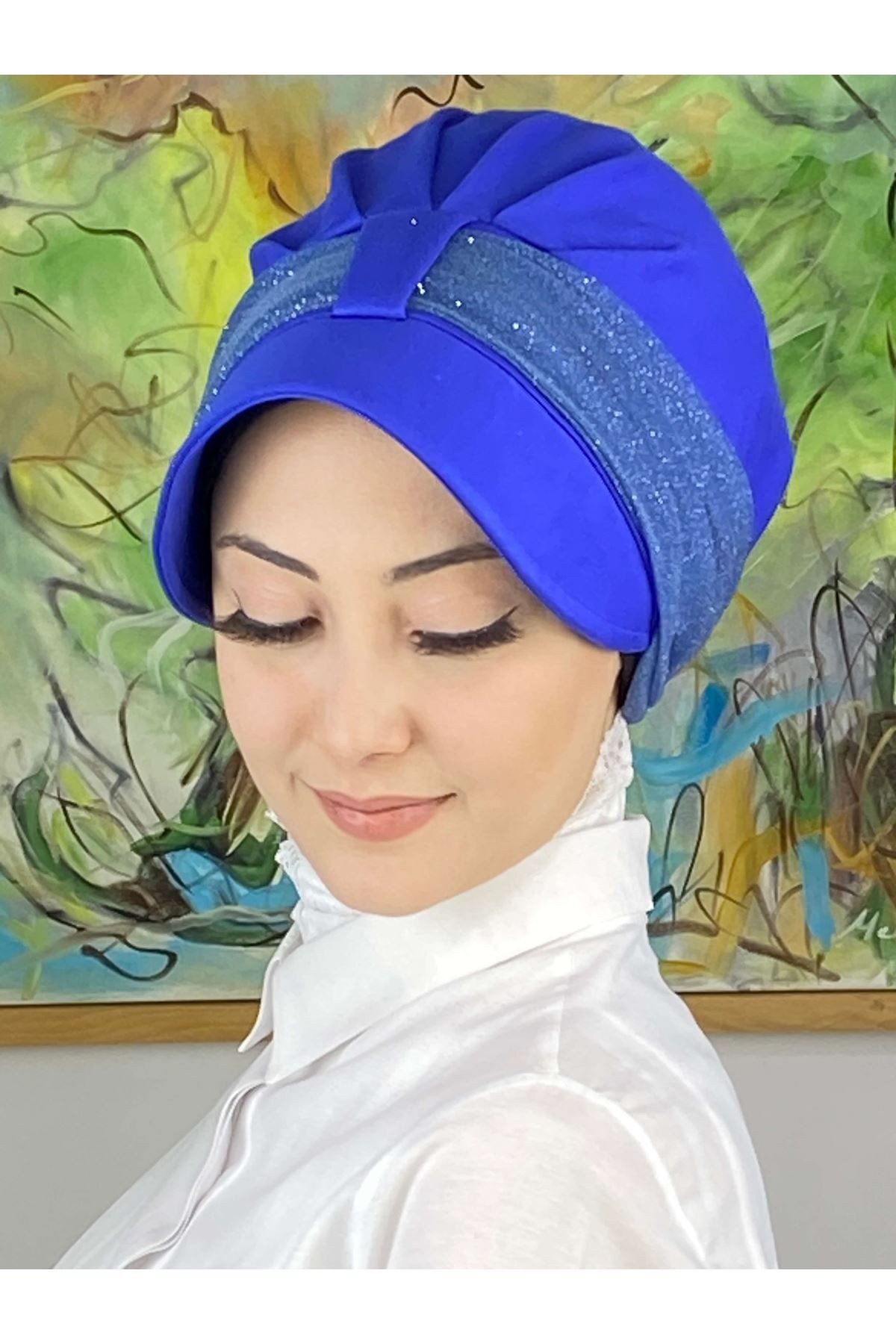 Cırtcırtlı Açık Mavi Şifon Fularlı Şapka