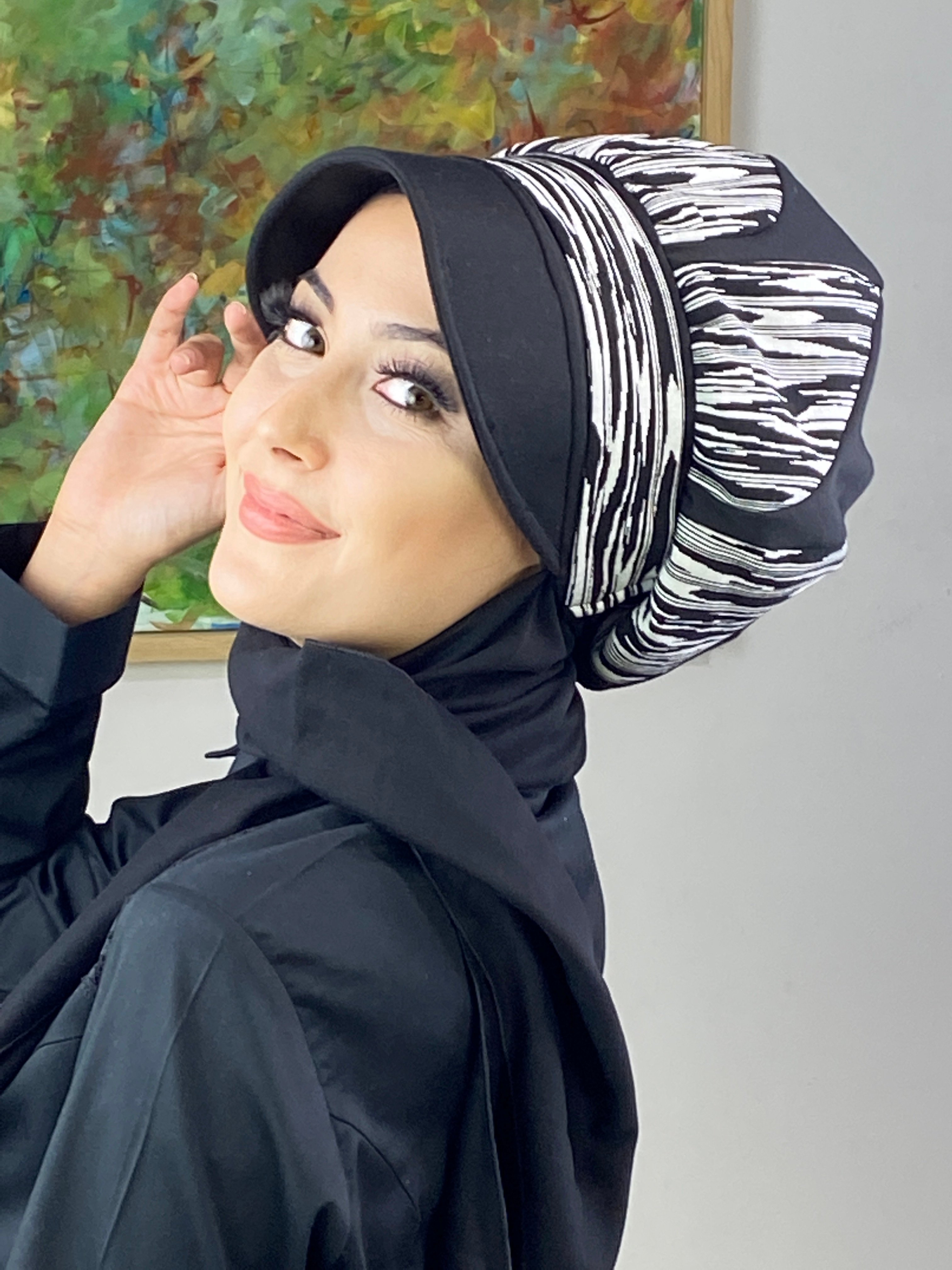 Damla Model Çizgili Haroşalı Tesettür Şapka Şal