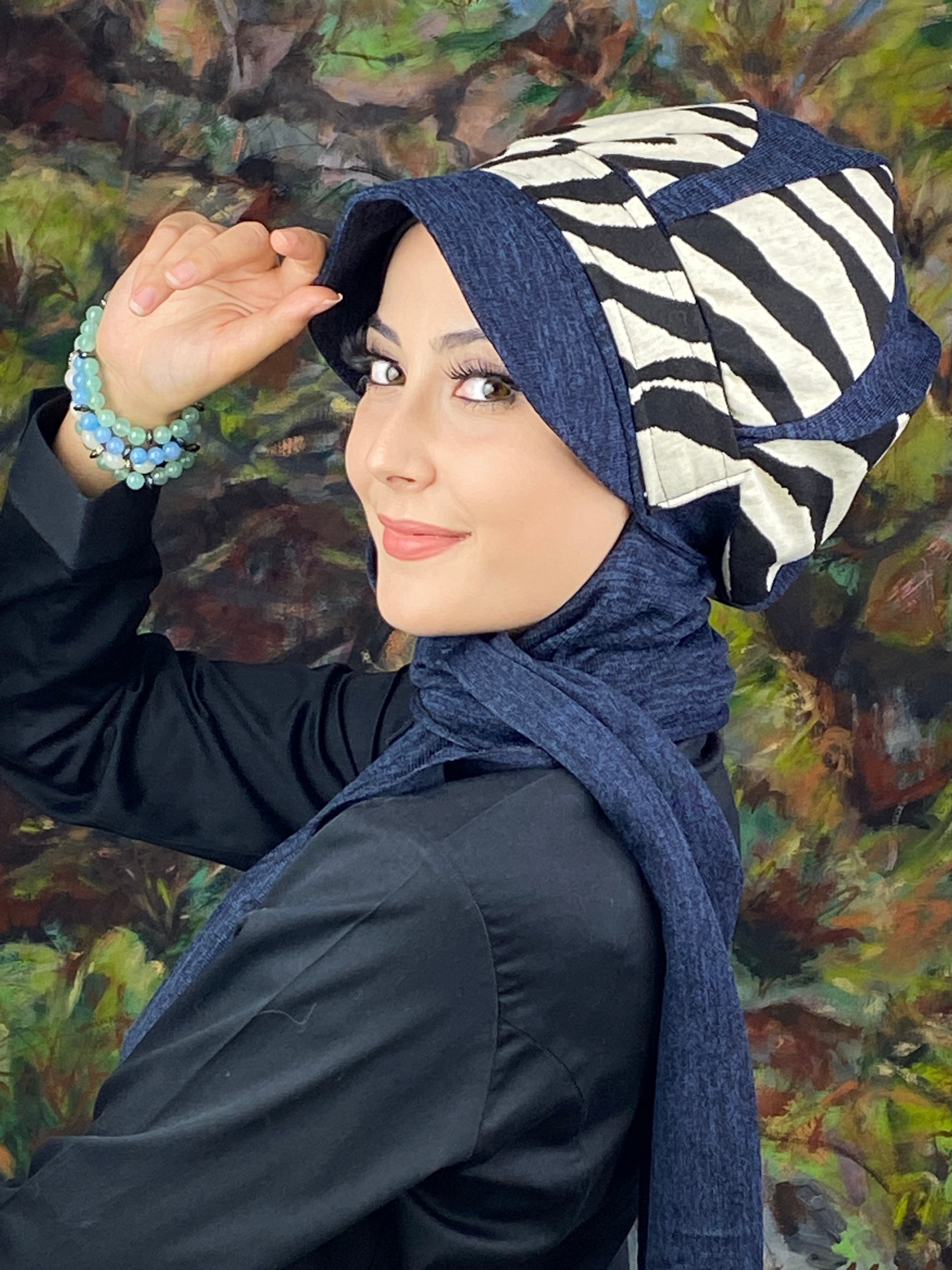 Damla Model İri Zebra Desenli Tesettür Şapka Şal
