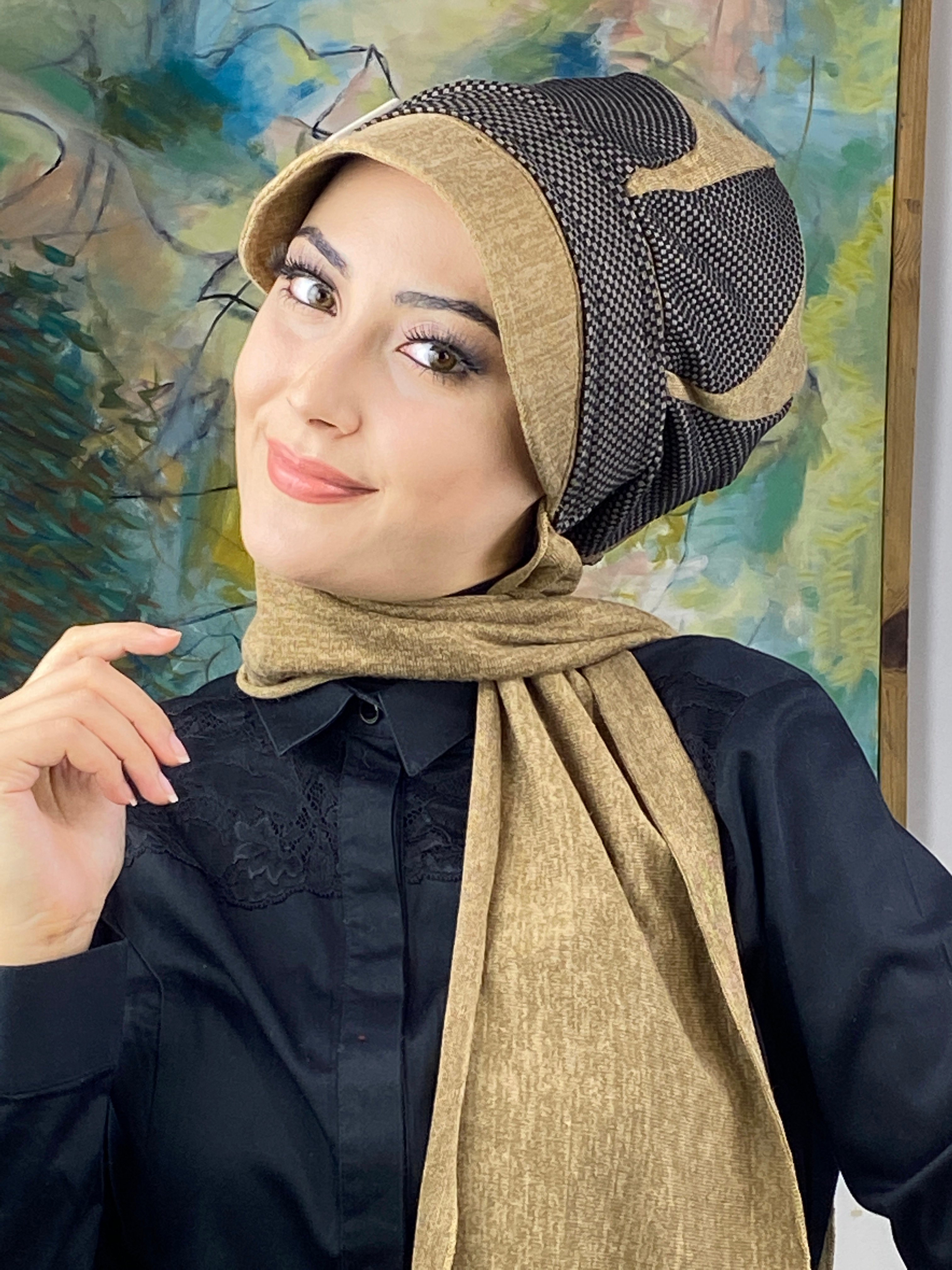 Damla Model Küçük Ekoseli Tesettür Bone Şal - açık sütlü kahve