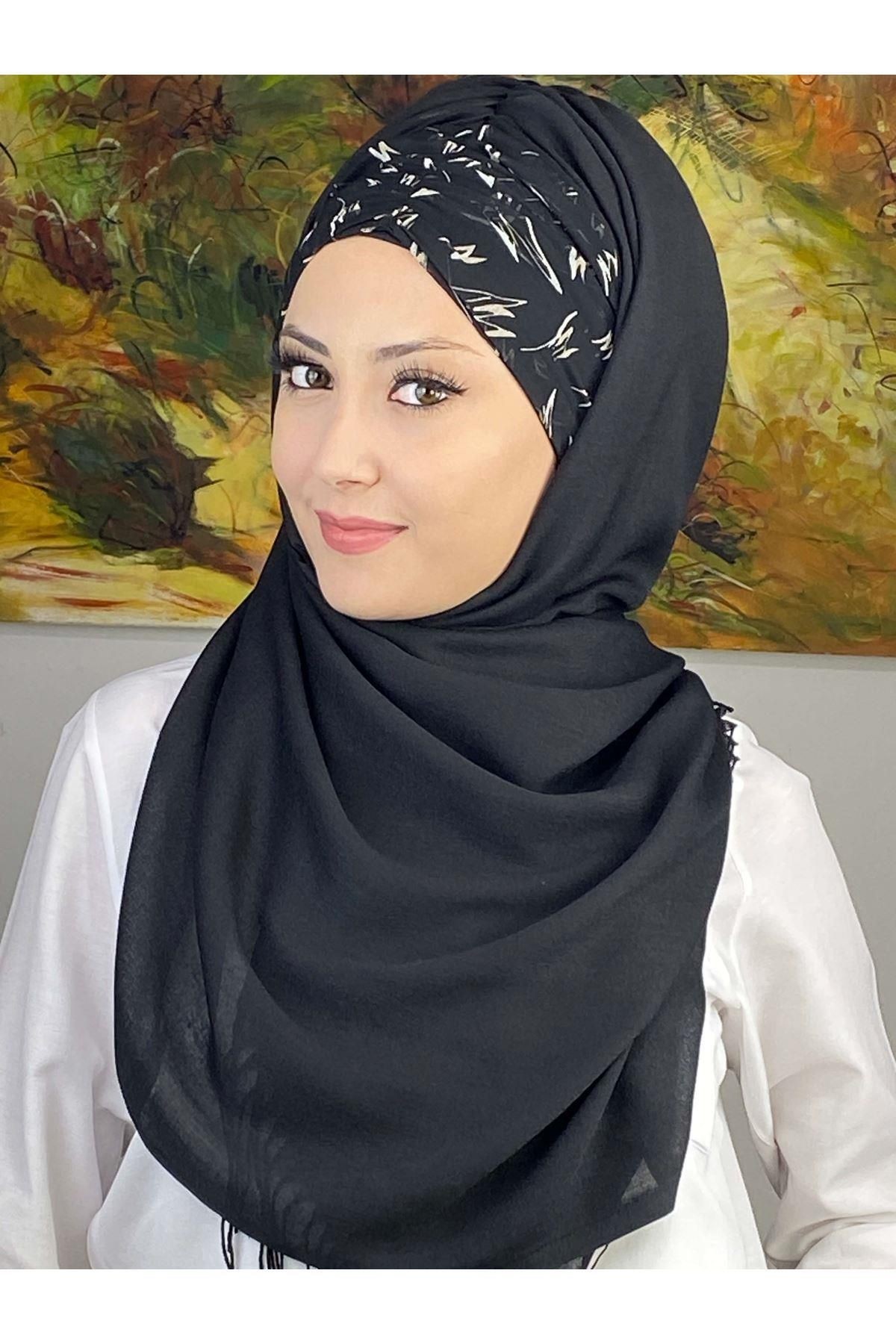 Siyah Beyaz Desenli Siyah Büzgülü Hazır Şal