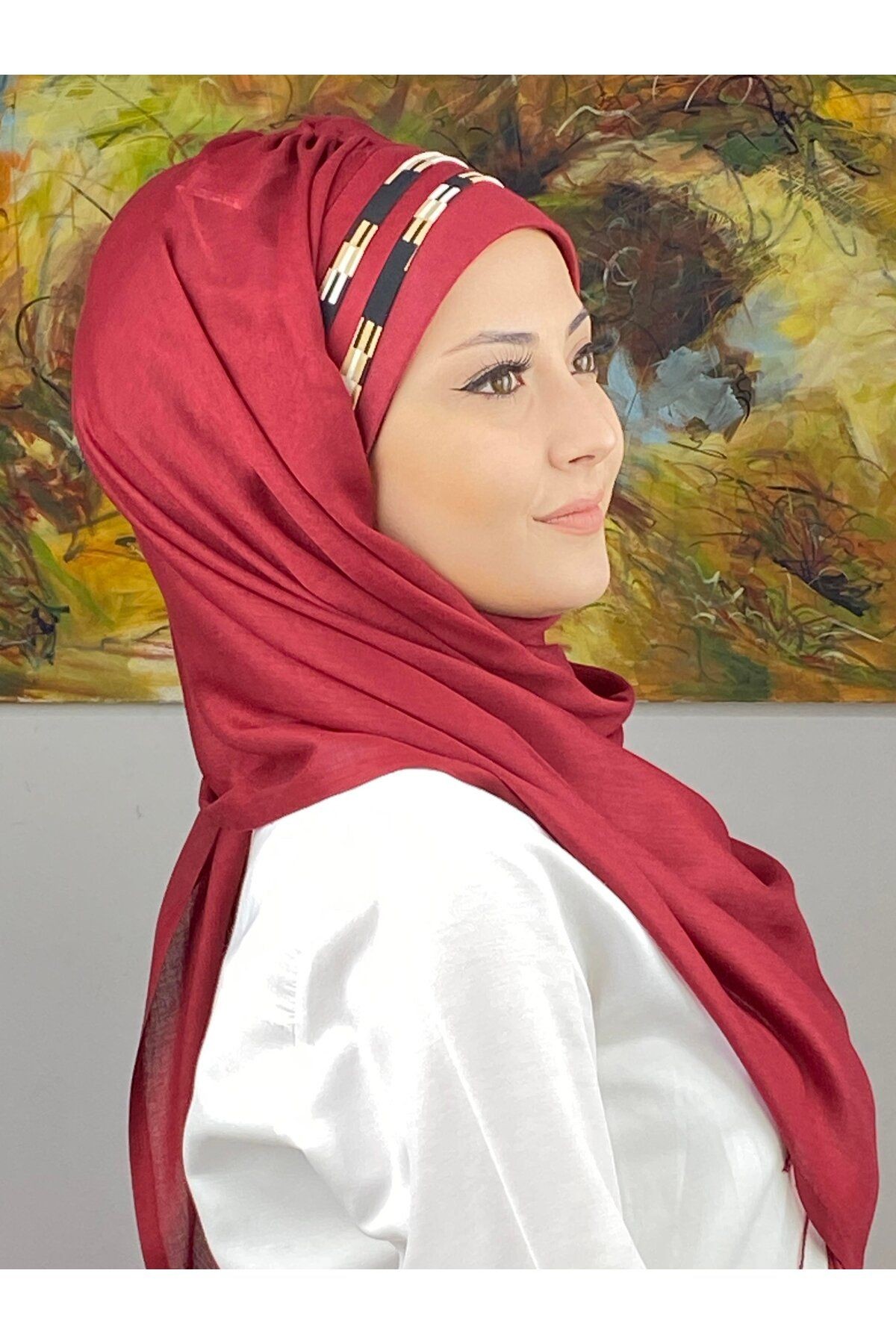 Saray Model Retro Desenli Bordo Hazır Şal