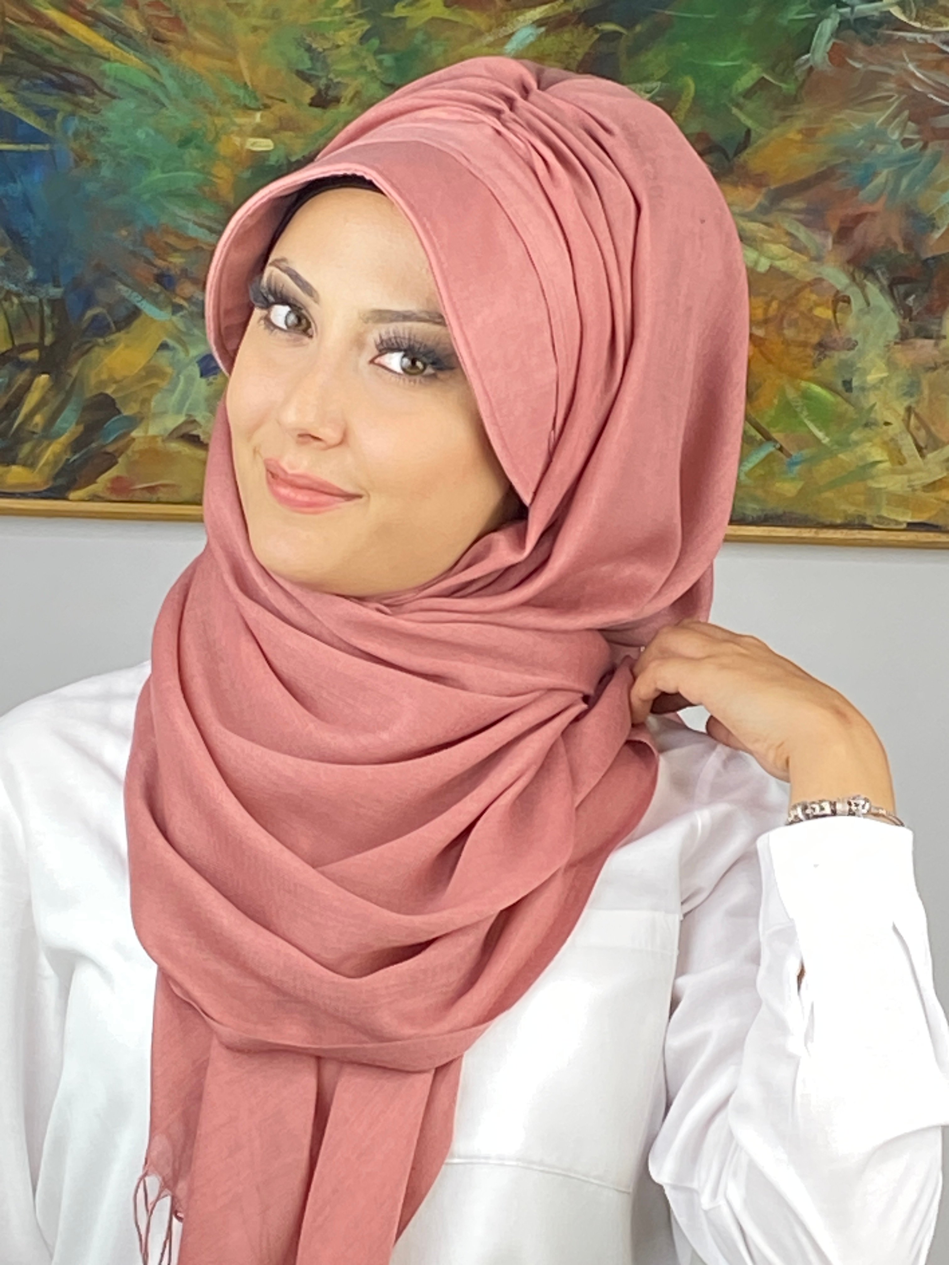 Gül Kurusu Renkli Tokalı Siperli Şapka Şal