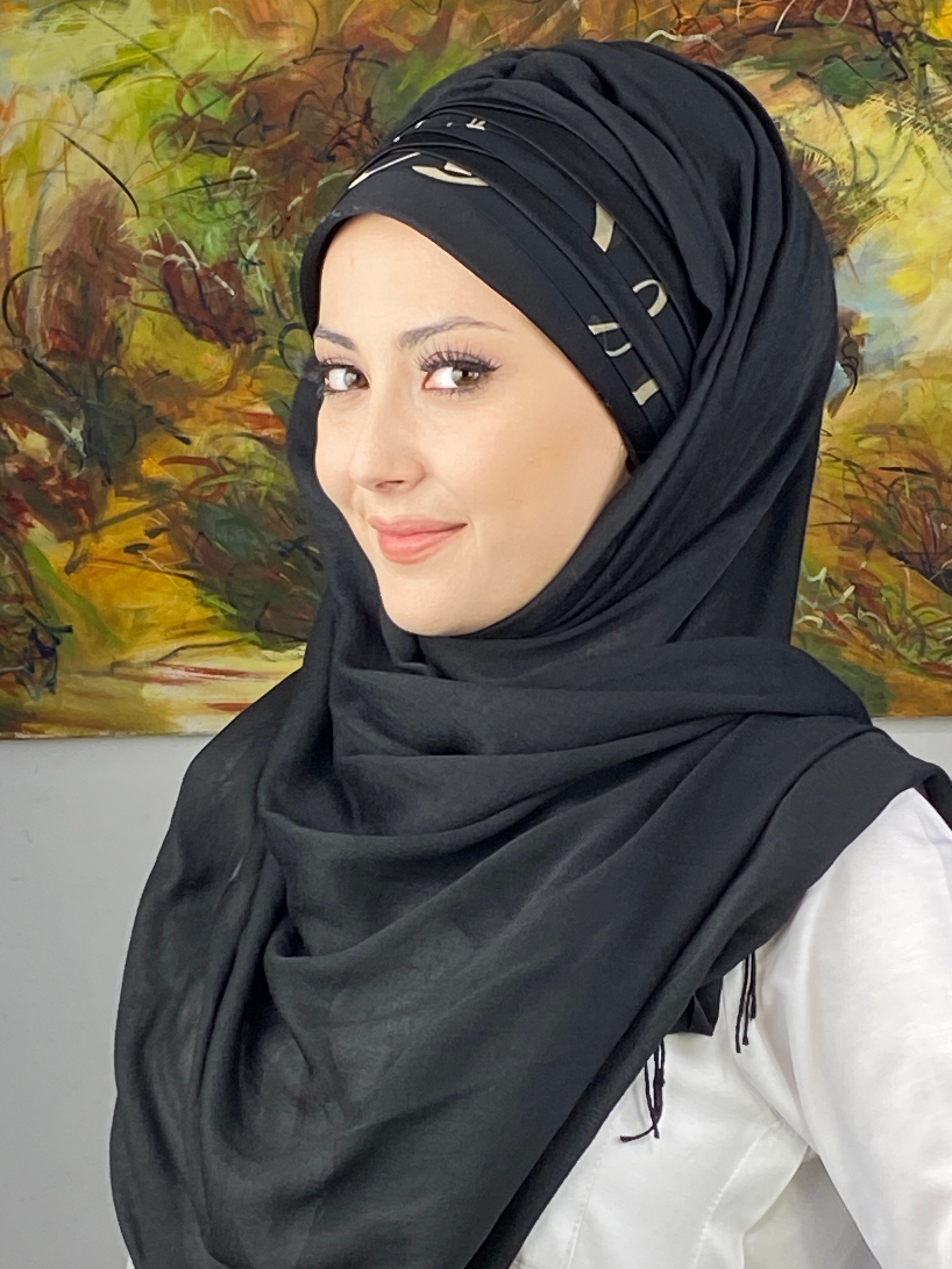  Topkapı Model Çapraz Drapeli Siyah Şeritli Desen Hazır Şal