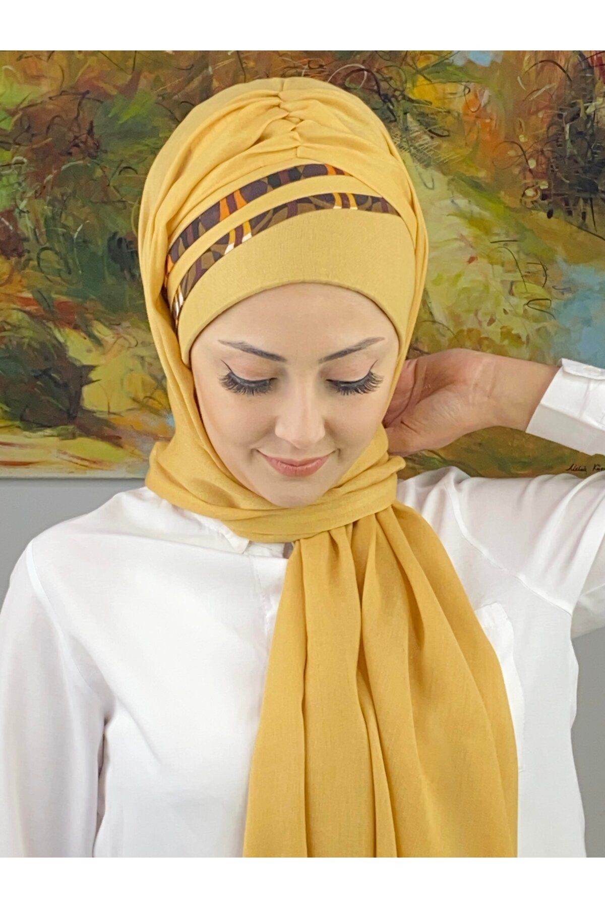 Saray Model Retro Desenli Açık Hardal Hazır Şal