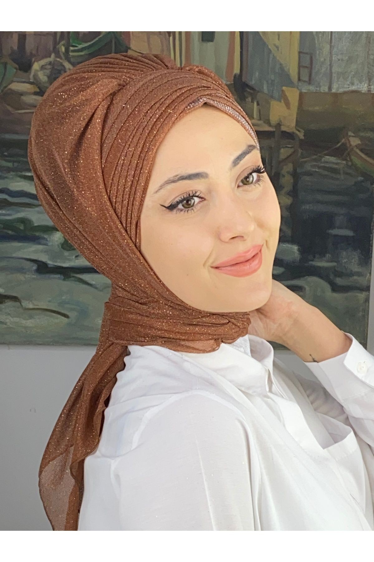 Gümüş Taşlı Drape Detaylı Simli Şal