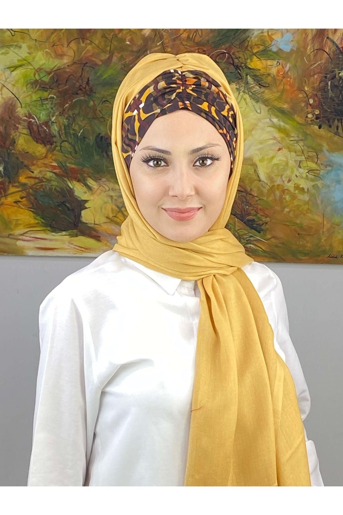 Geometrik Desenli Açık Hardal Büzgülü Hazır Şal