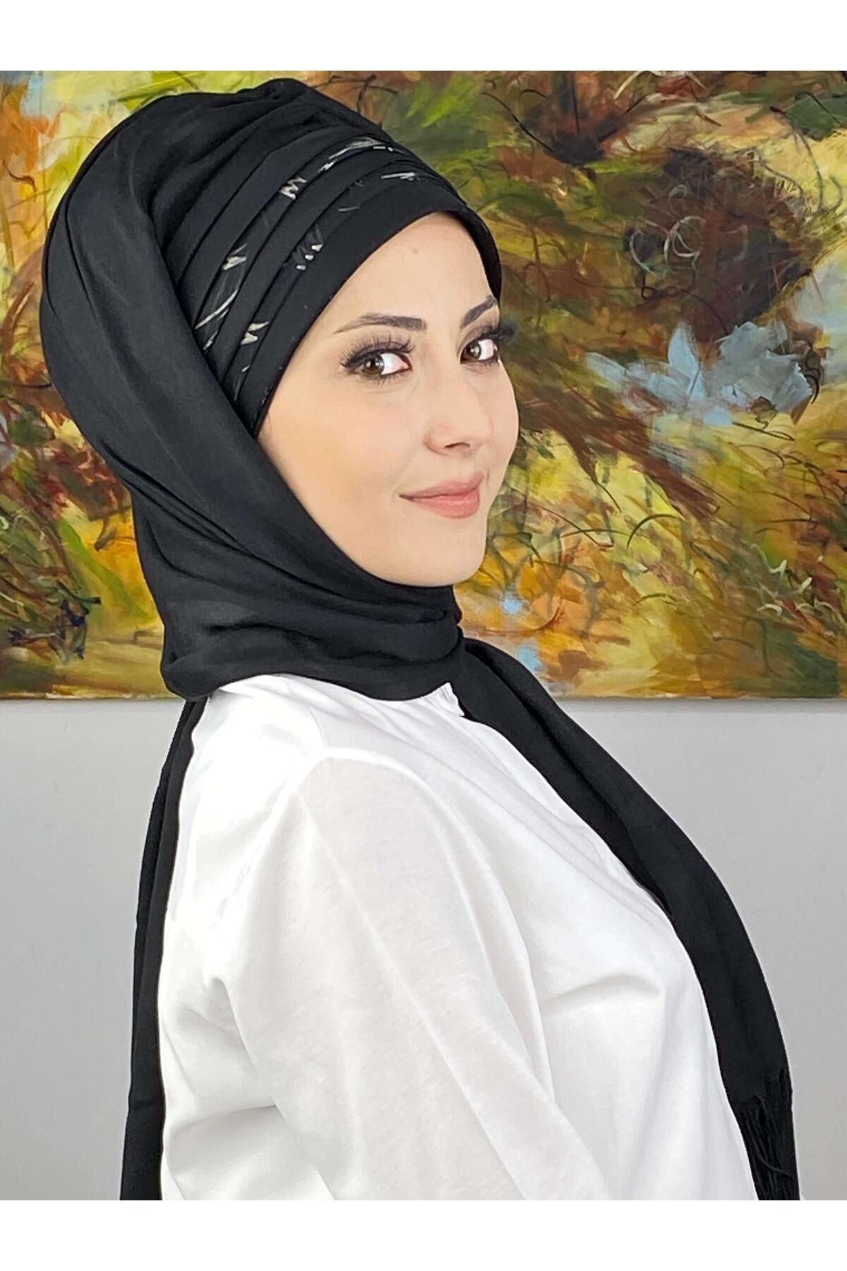 Topkapı Model Çapraz Drapeli Şifon Şeritli Desen Hazır Şal