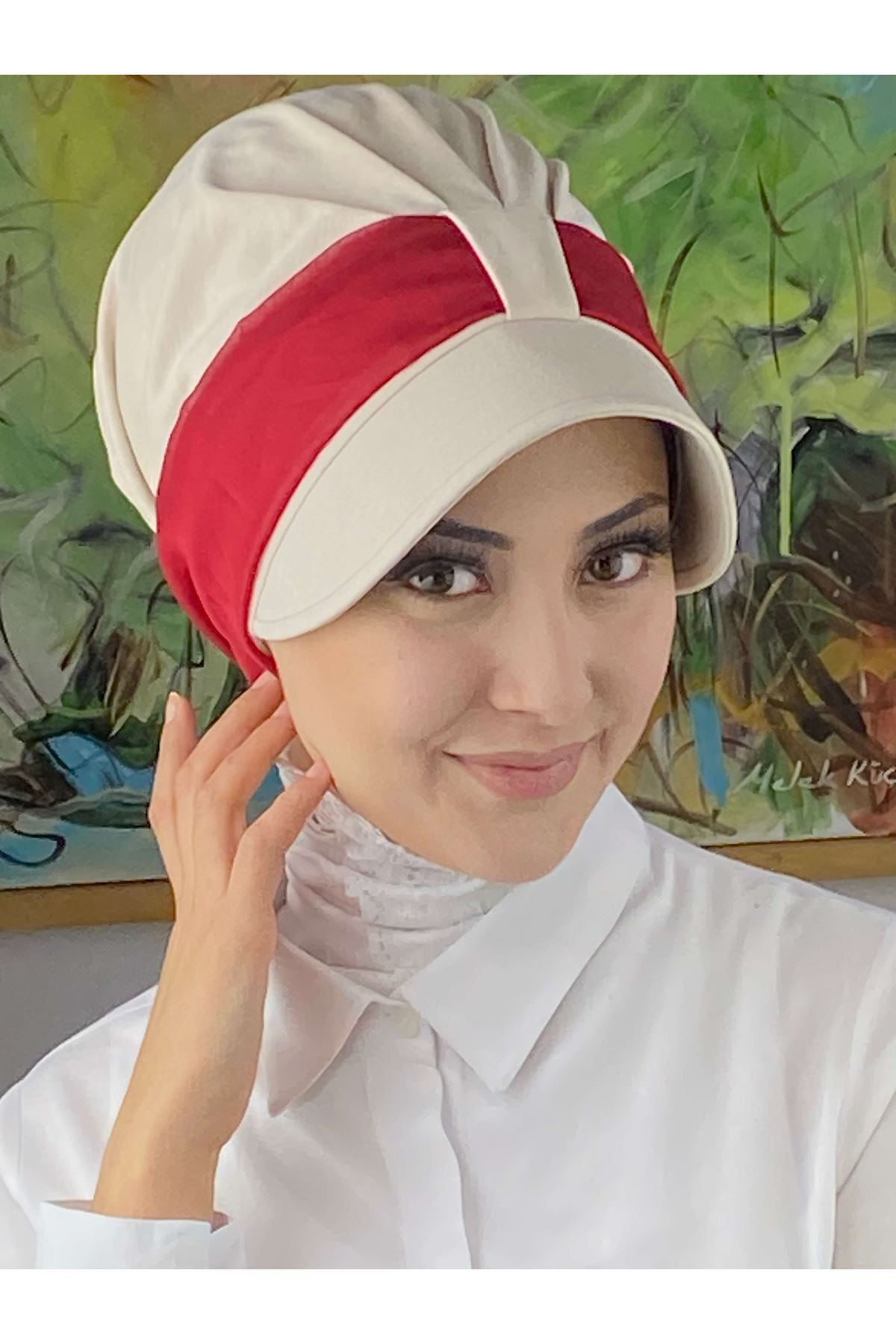 Cırtcırtlı Kırmızı Simli Şifon Fularlı Şapka
